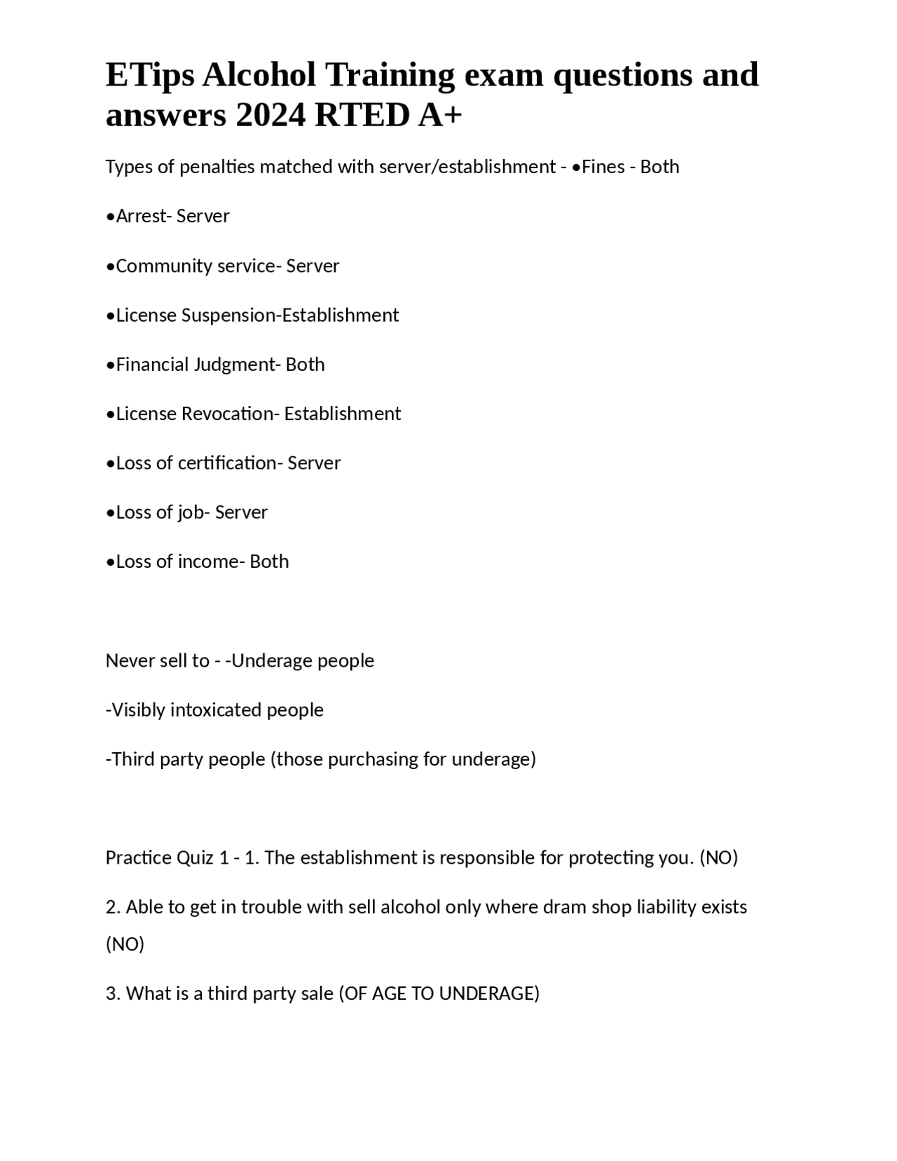 ETips Alcohol Training exam questions and answers 2024 RTED A+ Exams