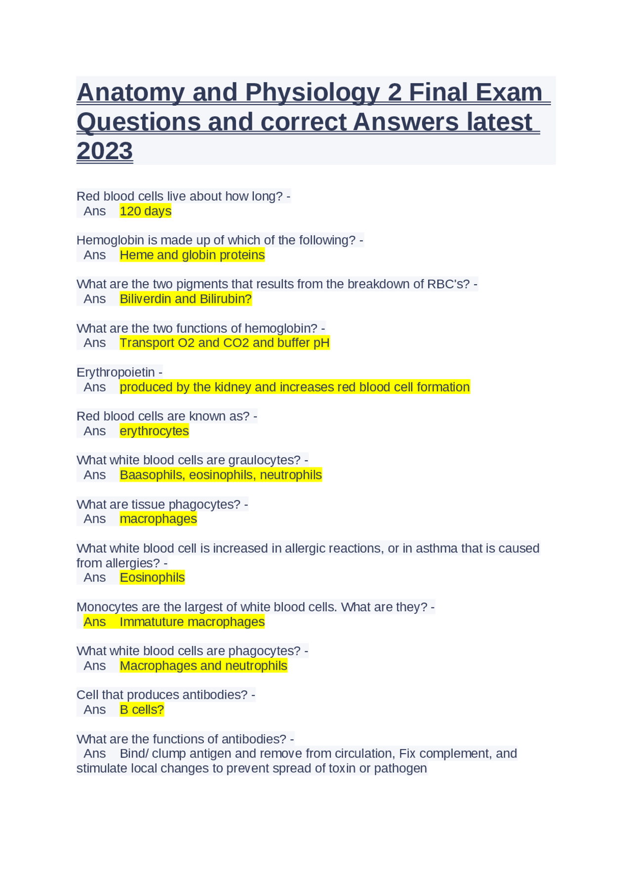 Anatomy and Physiology 2 Final Exam Questions and correct Answers latest 2023 Exams Nursing
