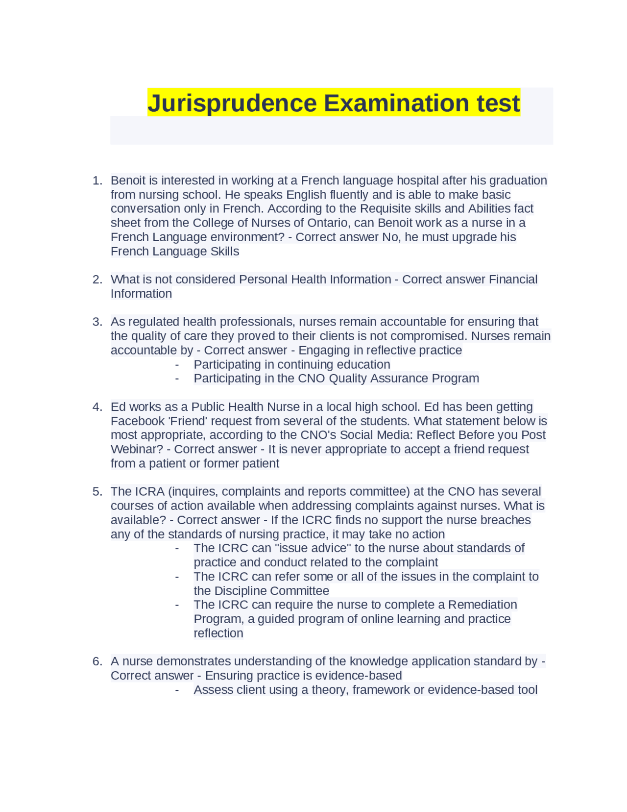 Jurisprudence Examination test Exams Medicine Docsity