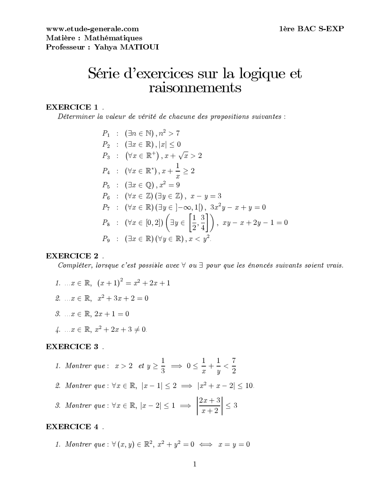 Série d exercices de la logique 1bac. | Exercises Mathematics | Docsity