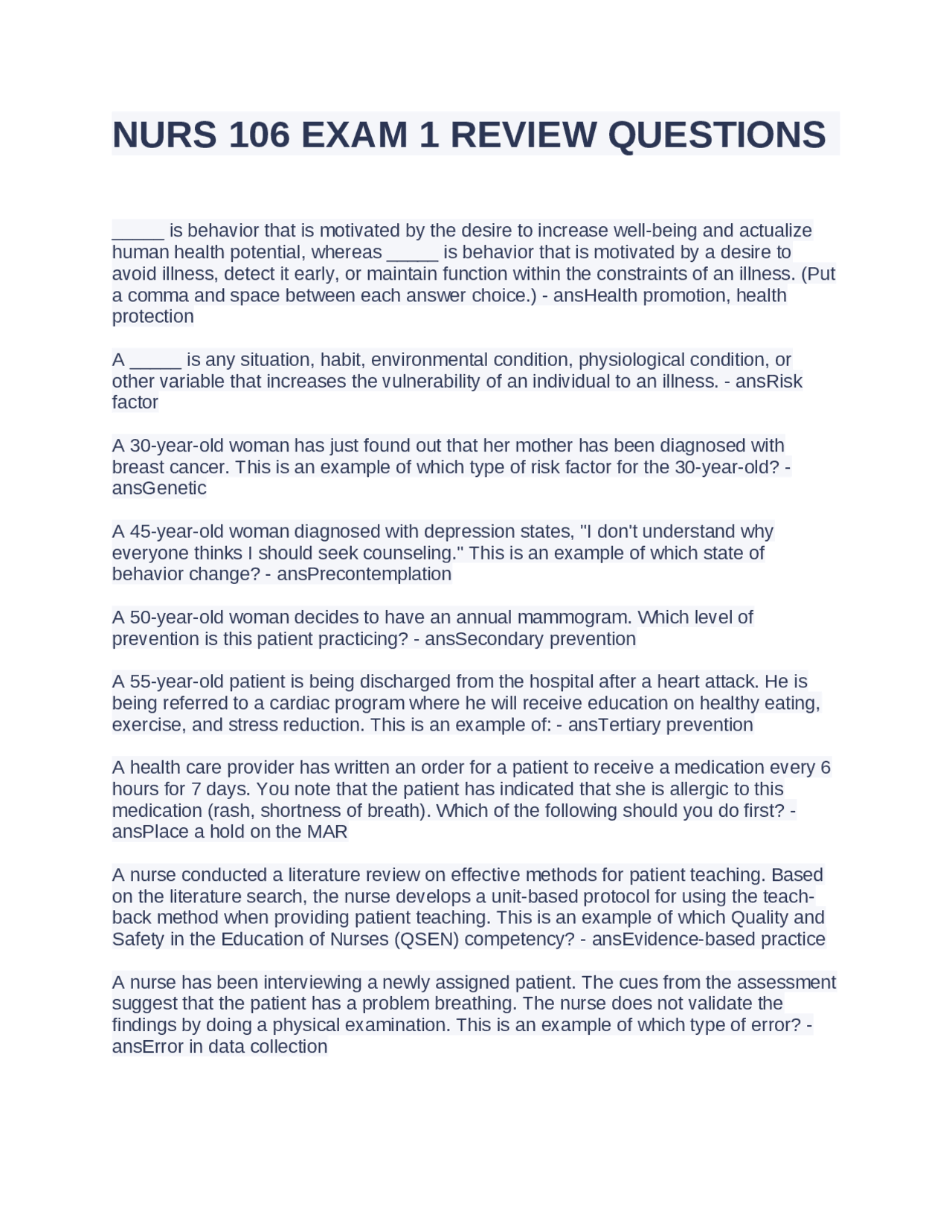 NURS 106 EXAM 1 REVIEW QUESTIONS 2024 | Exams Nursing | Docsity