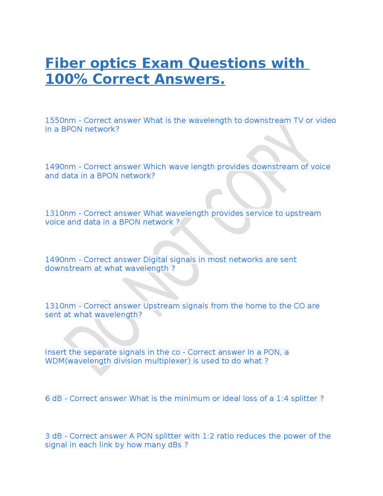 Fiber optics Exam Questions with 100 Correct Answers. Exams Optics