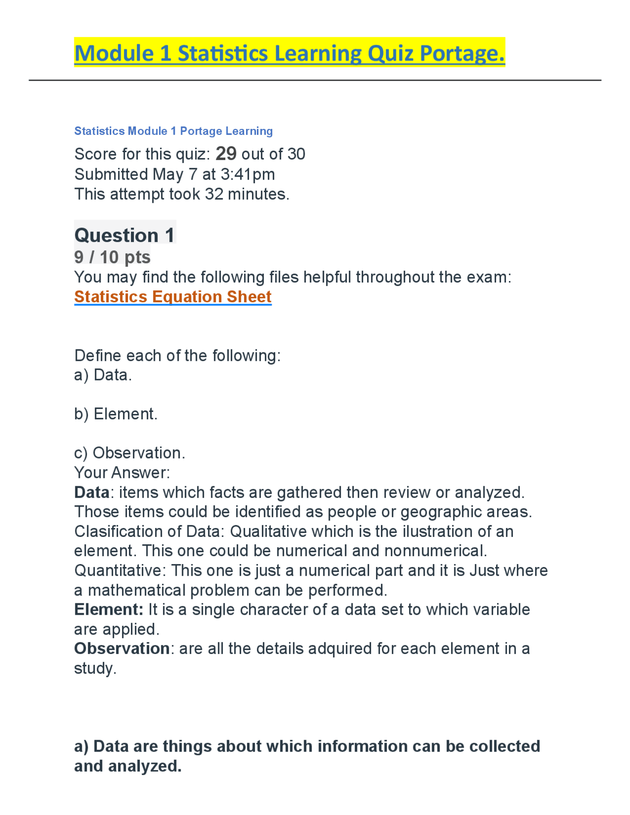 Statistics Portage Learning Module Module 1 Statistics Learning Quiz Portage | Exams Nursing | Docsity