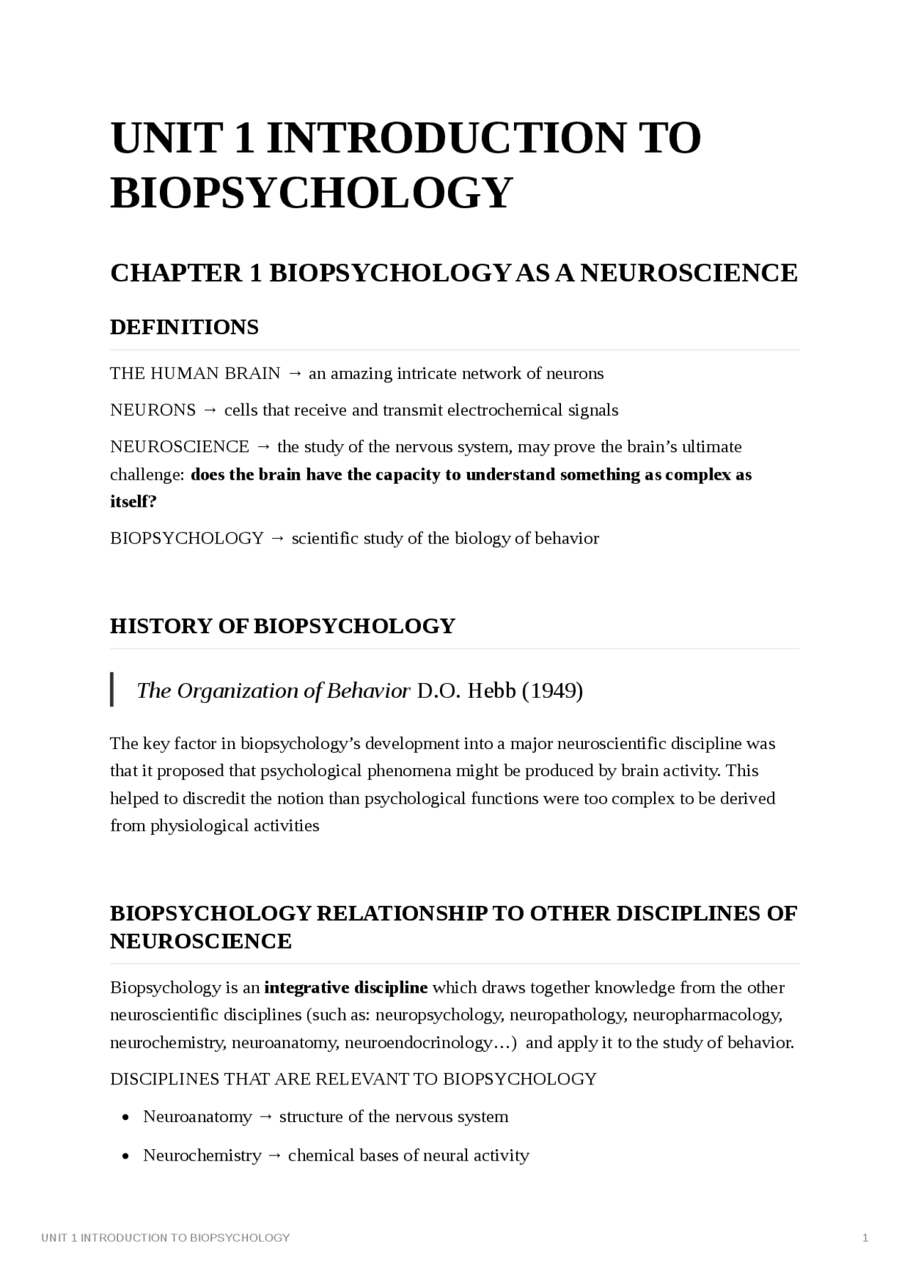 UNIT 1 Introduction to biopsychology | Resúmenes de Psicobiología | Docsity