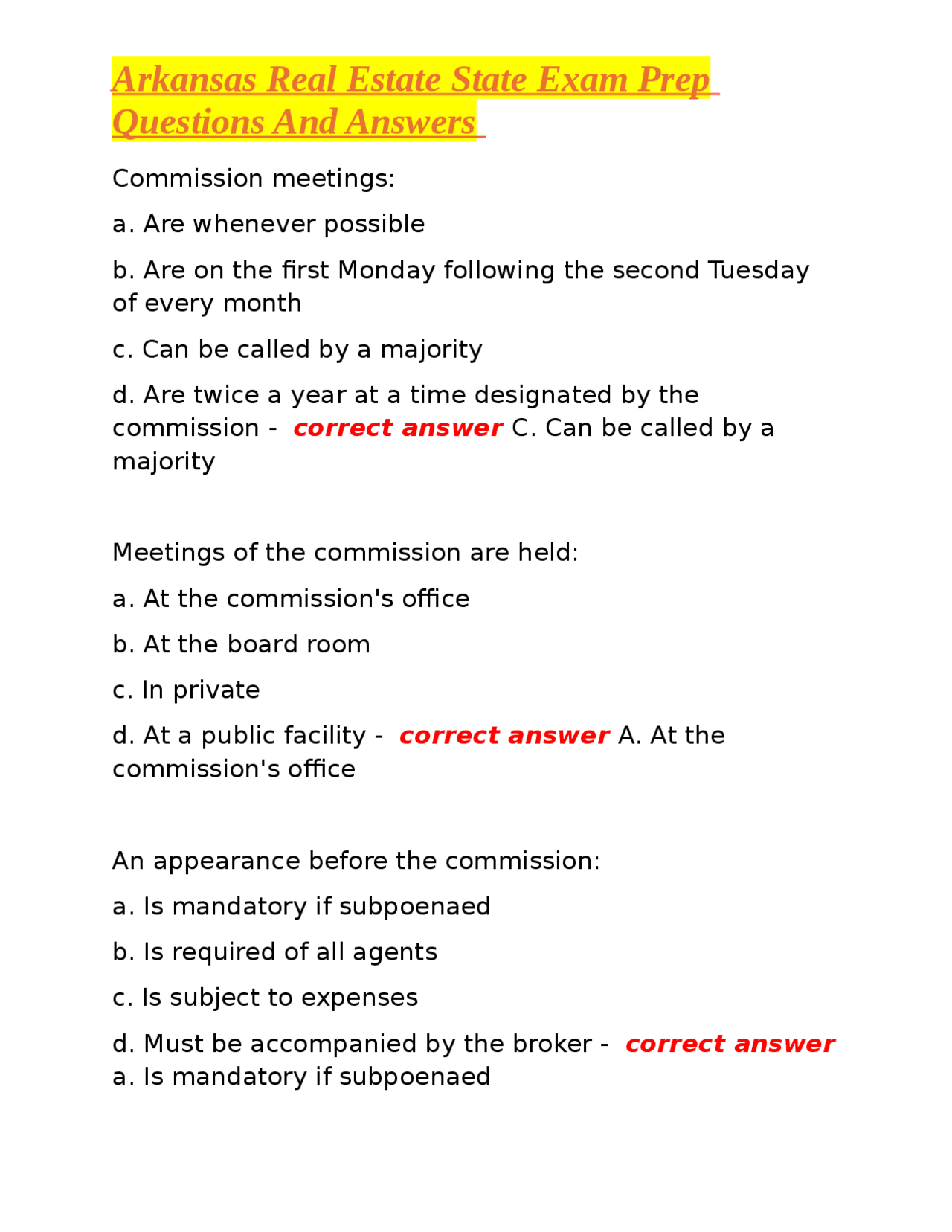 Arkansas Real Estate State Exam Prep Questions And Answers Exams Real