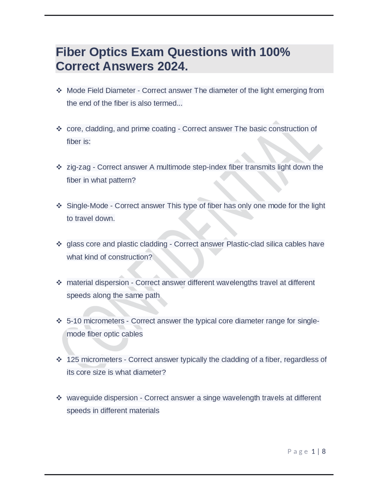 Fiber Optics Exam Questions with 100 Correct Answers 2024. Exams
