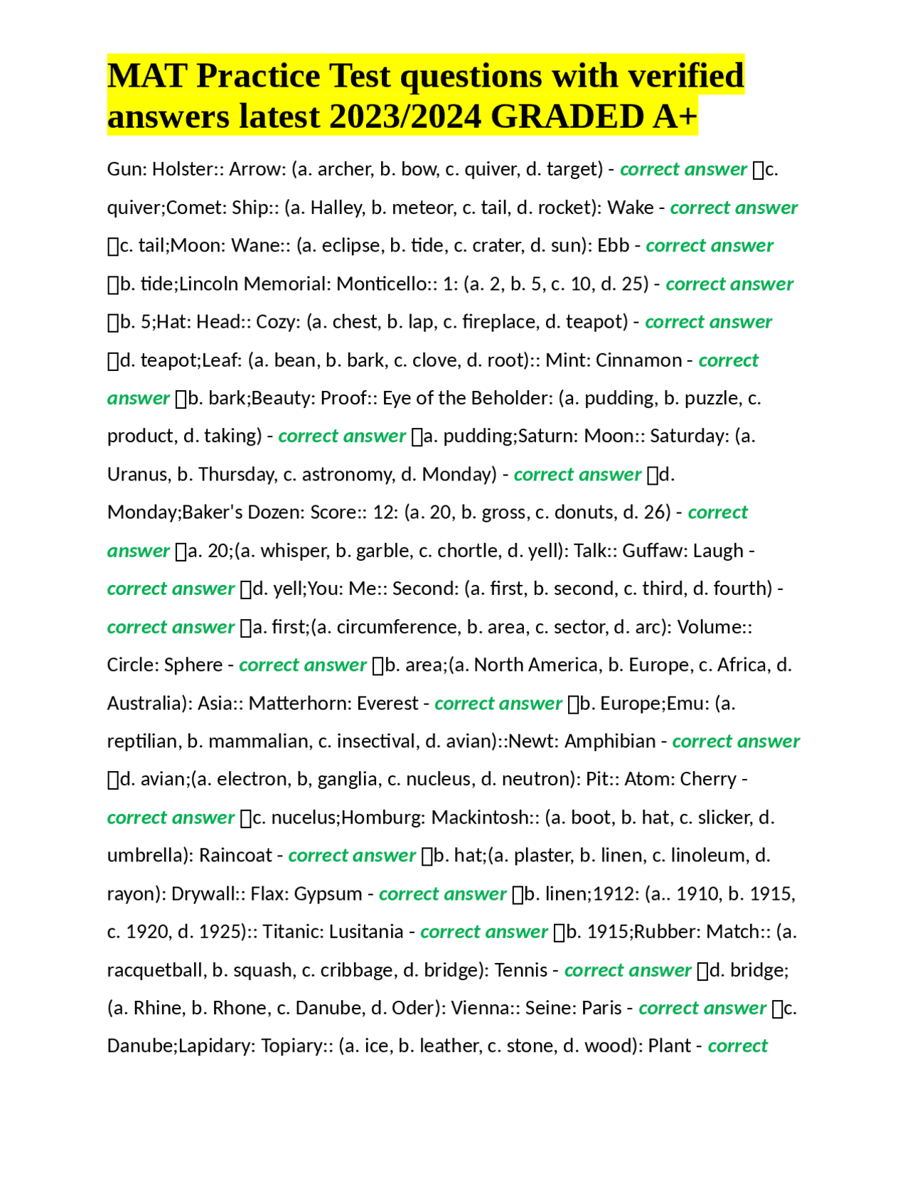 MAT Practice Test questions with verified answers latest 2023/2024