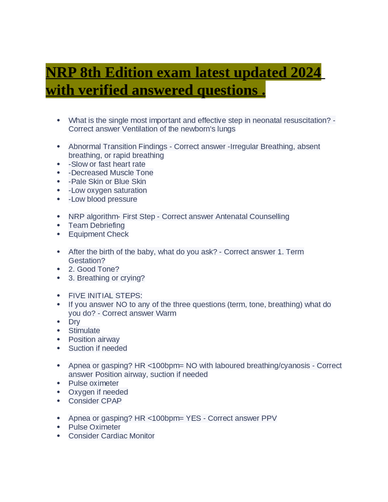 NRP 8th Edition exam latest updated 2024 with verified answered questions . Exams Nursing