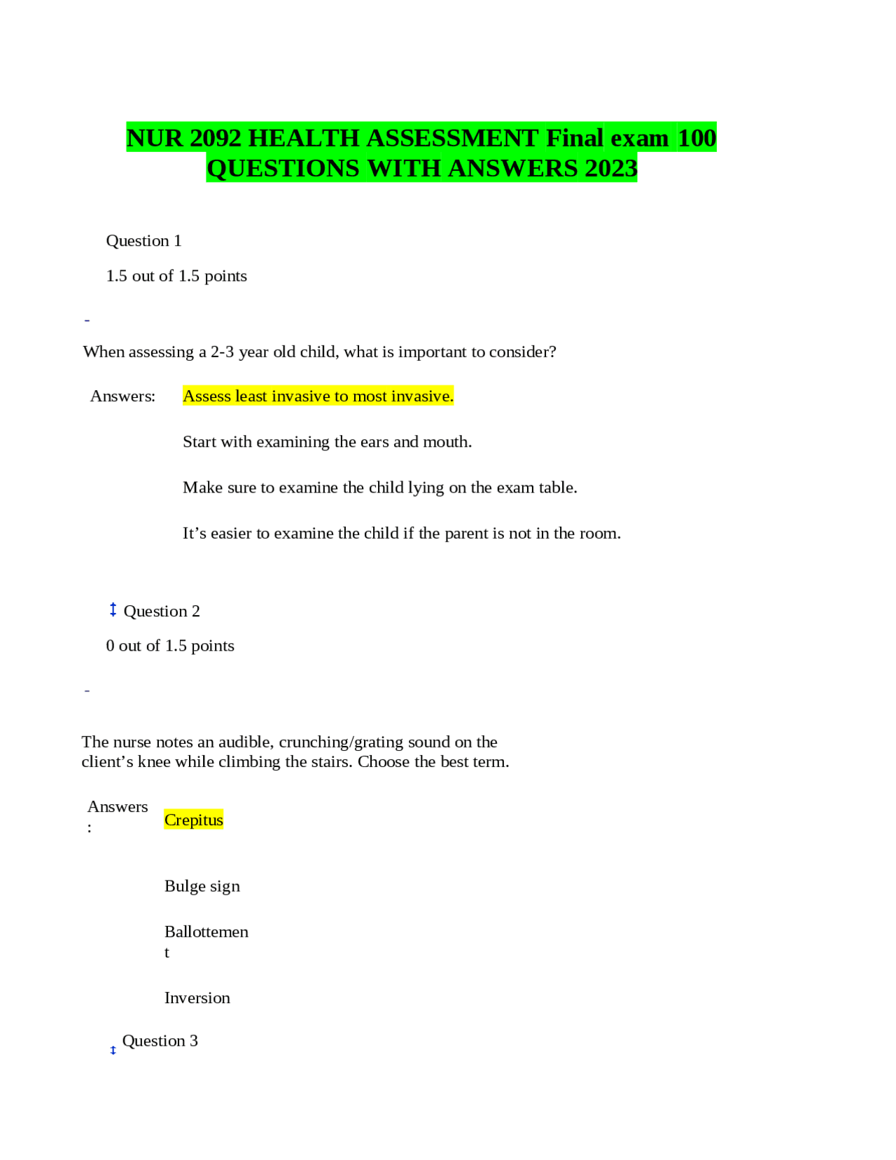 NUR 2092 HEALTH ASSESSMENT Final exam 100 QUESTIONS WITH ANSWERS 2023 ...