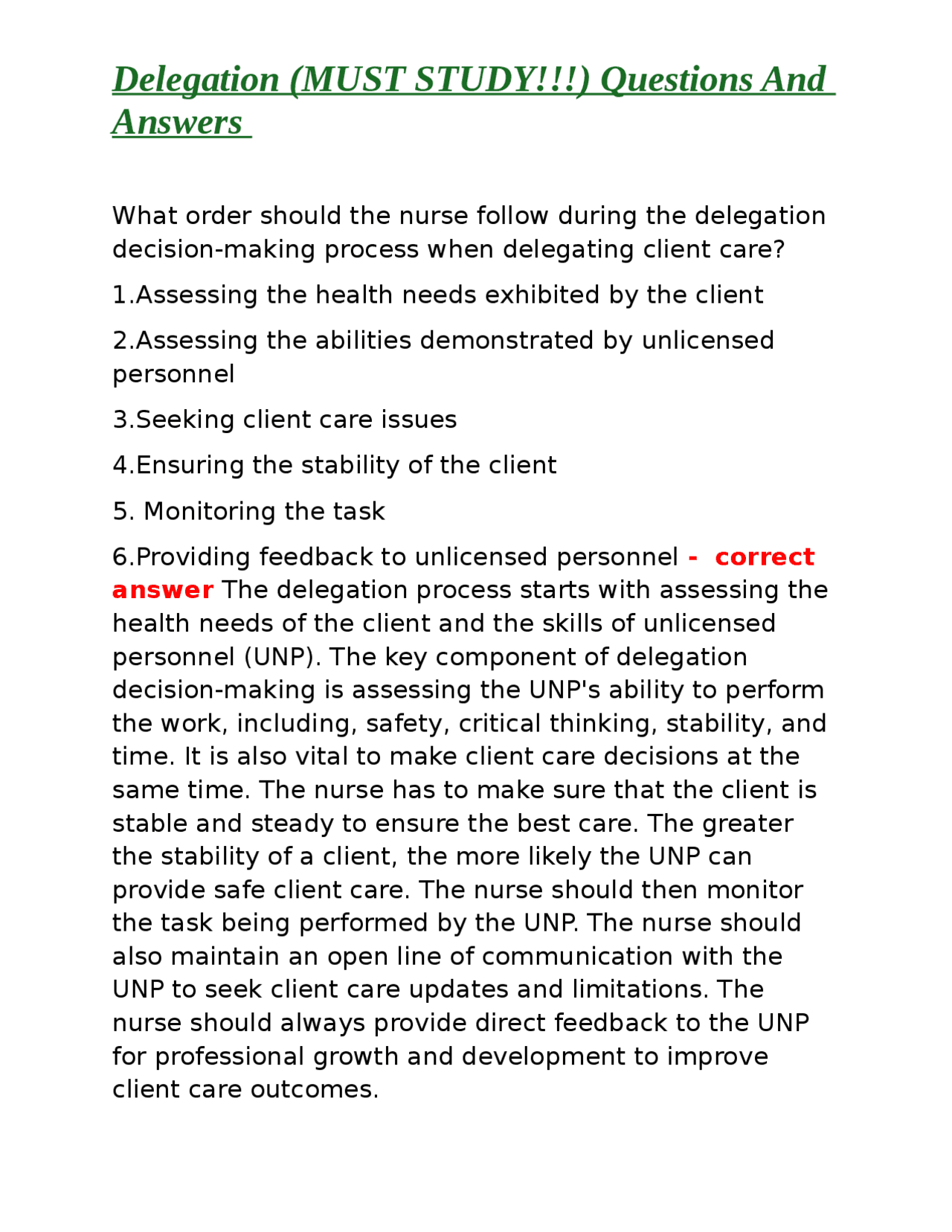 Delegation (MUST STUDY!!!) Questions And Answers | Exams Nursing | Docsity