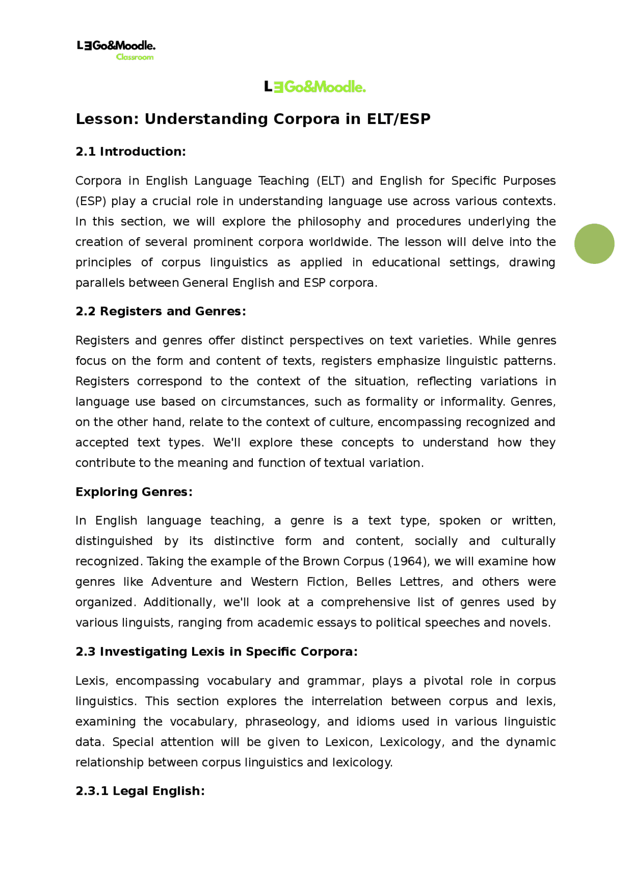 Understanding Corpora in ELT/ESP | Assignments Technical English | Docsity