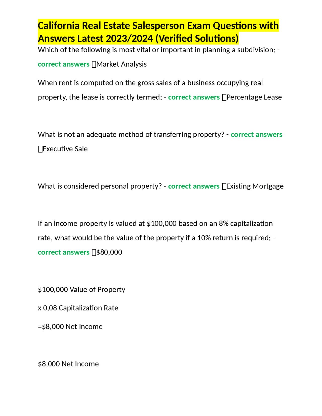 California Real Estate Salesperson Exam Questions with Answers Latest