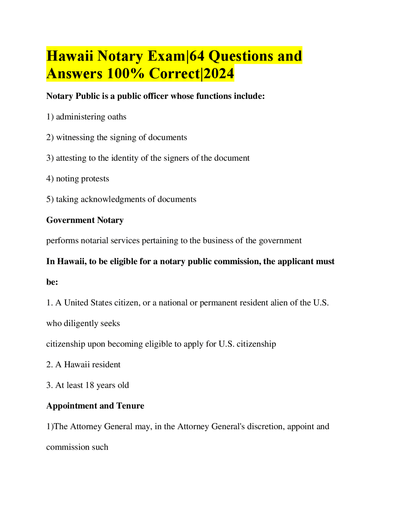 Hawaii Notary Exam64 Questions and Answers 100 Correct2024 Exams
