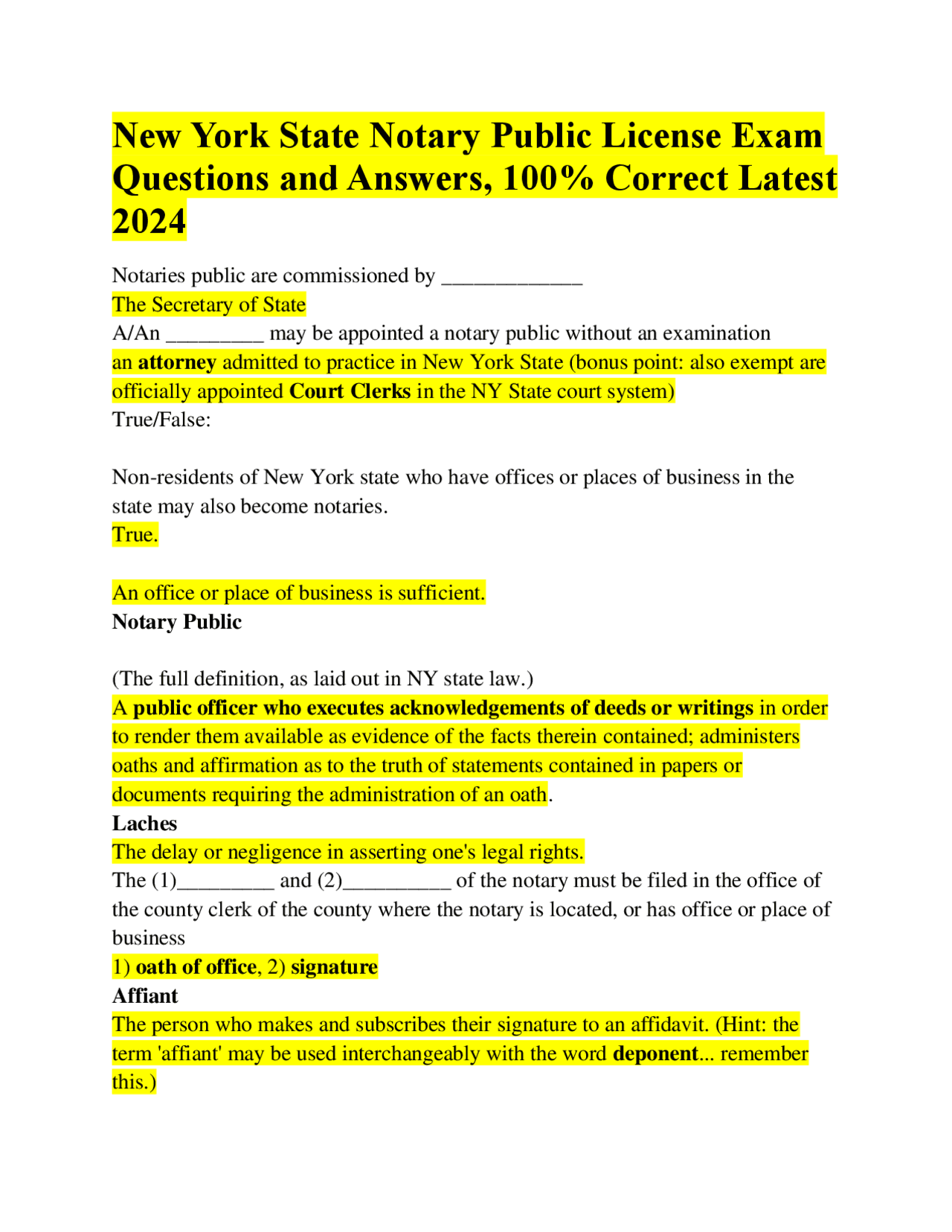 New York State Notary Public License Exam Questions and Answers, 100