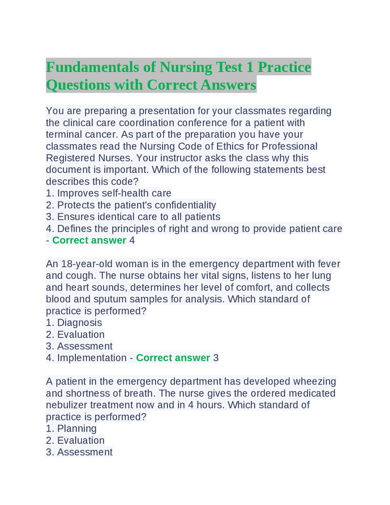 Fundamentals of Nursing Test 1 Practice Questions with Correct Answers