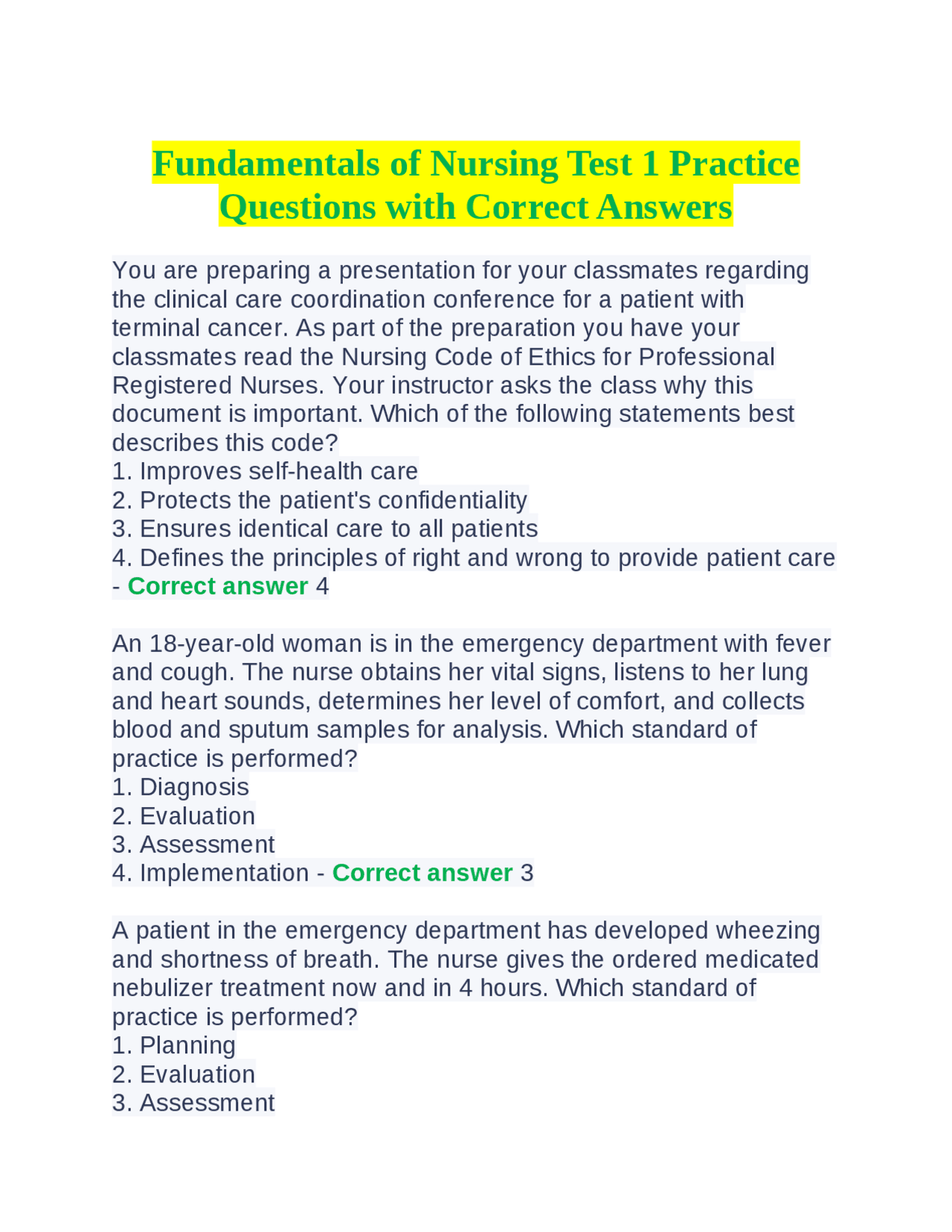 Fundamentals of nursing test 1 practice questions with correct answers