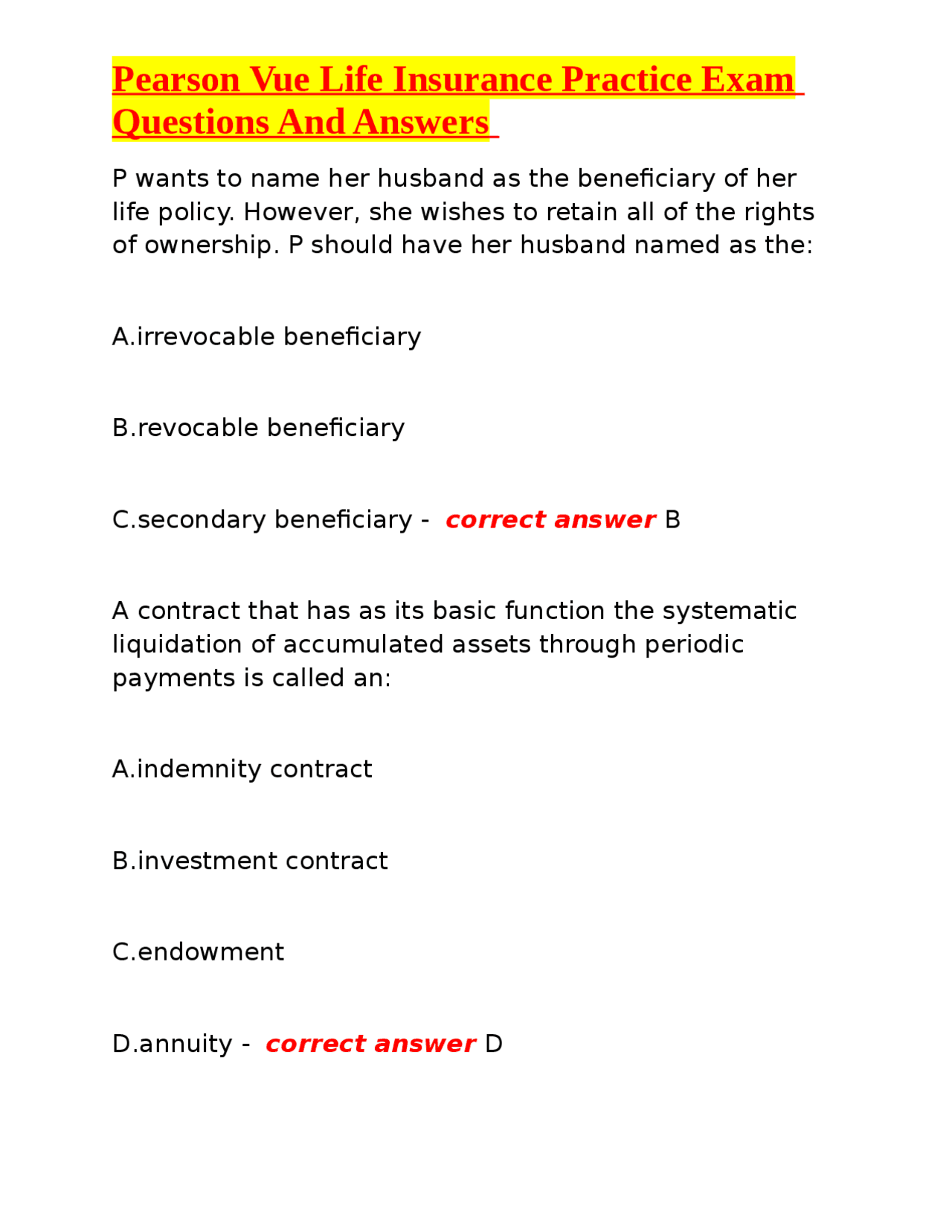 Life Insurance Practice Exam Questions and Answers | Exams Insurance ...
