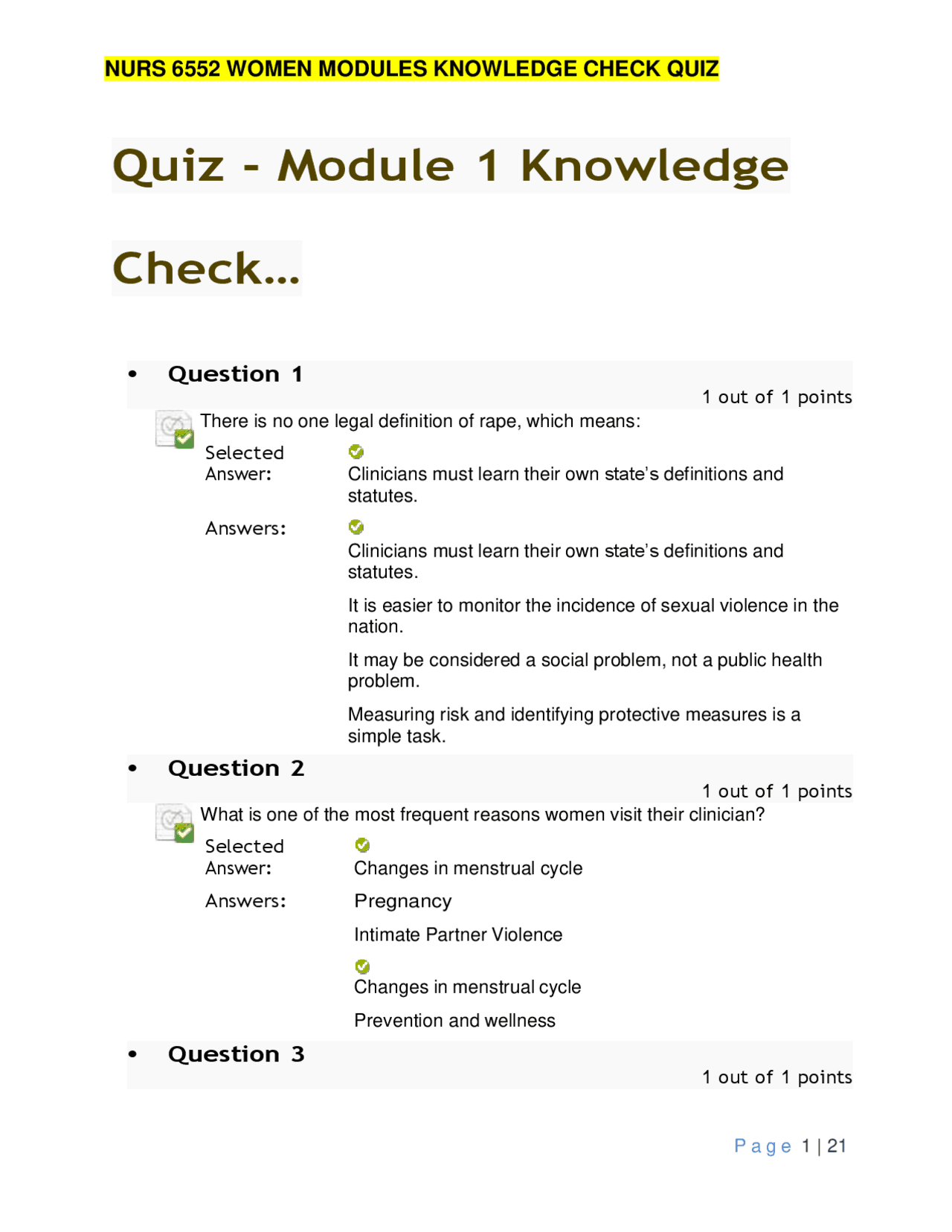 NURS 6552 Women Modules Knowledge Check Quiz | Exams Nursing | Docsity