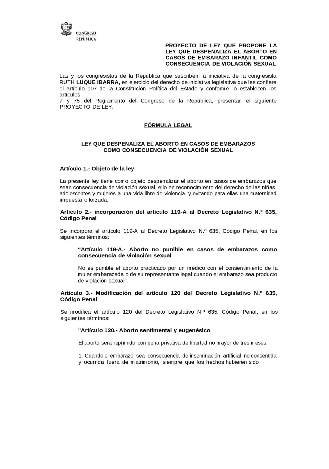 Proyecto de Ley para Despenalizar el Aborto en Casos de Violación ...
