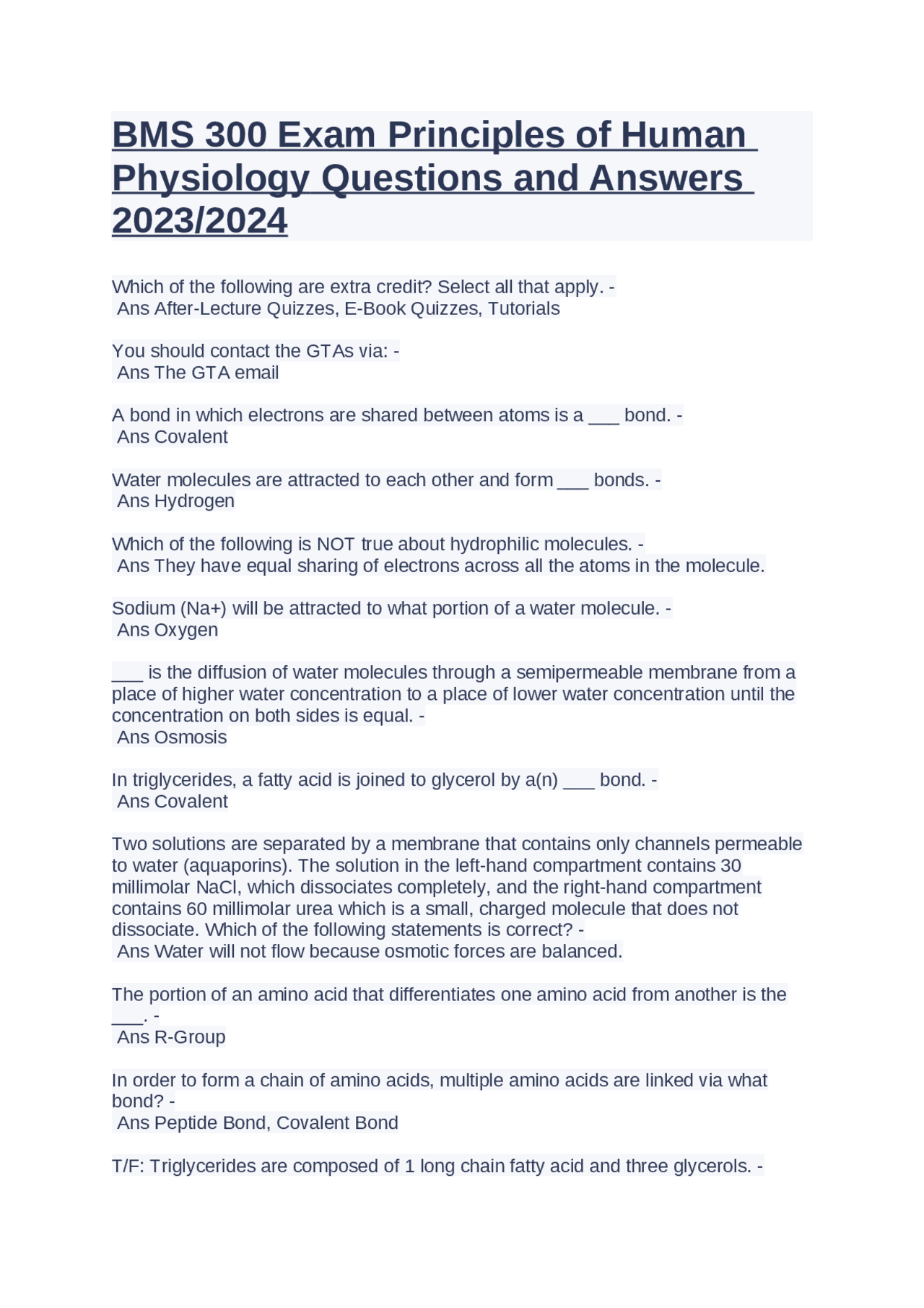 BMS 300 Exam Principles of Human Physiology Questions and Answers 2023/ ...