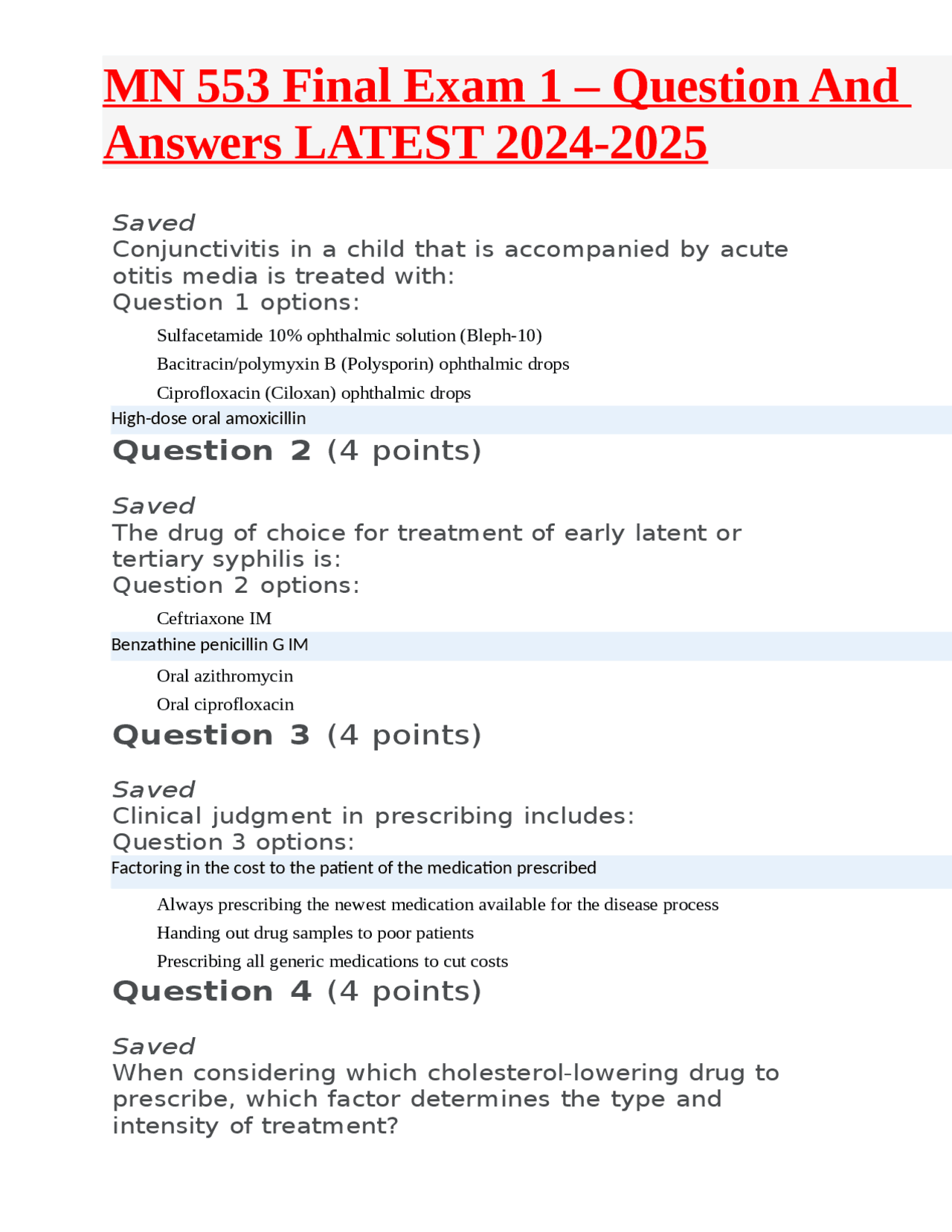 MN 553 Final Exam 1 Question And Answers LATEST 20242025 Exams Nursing Docsity