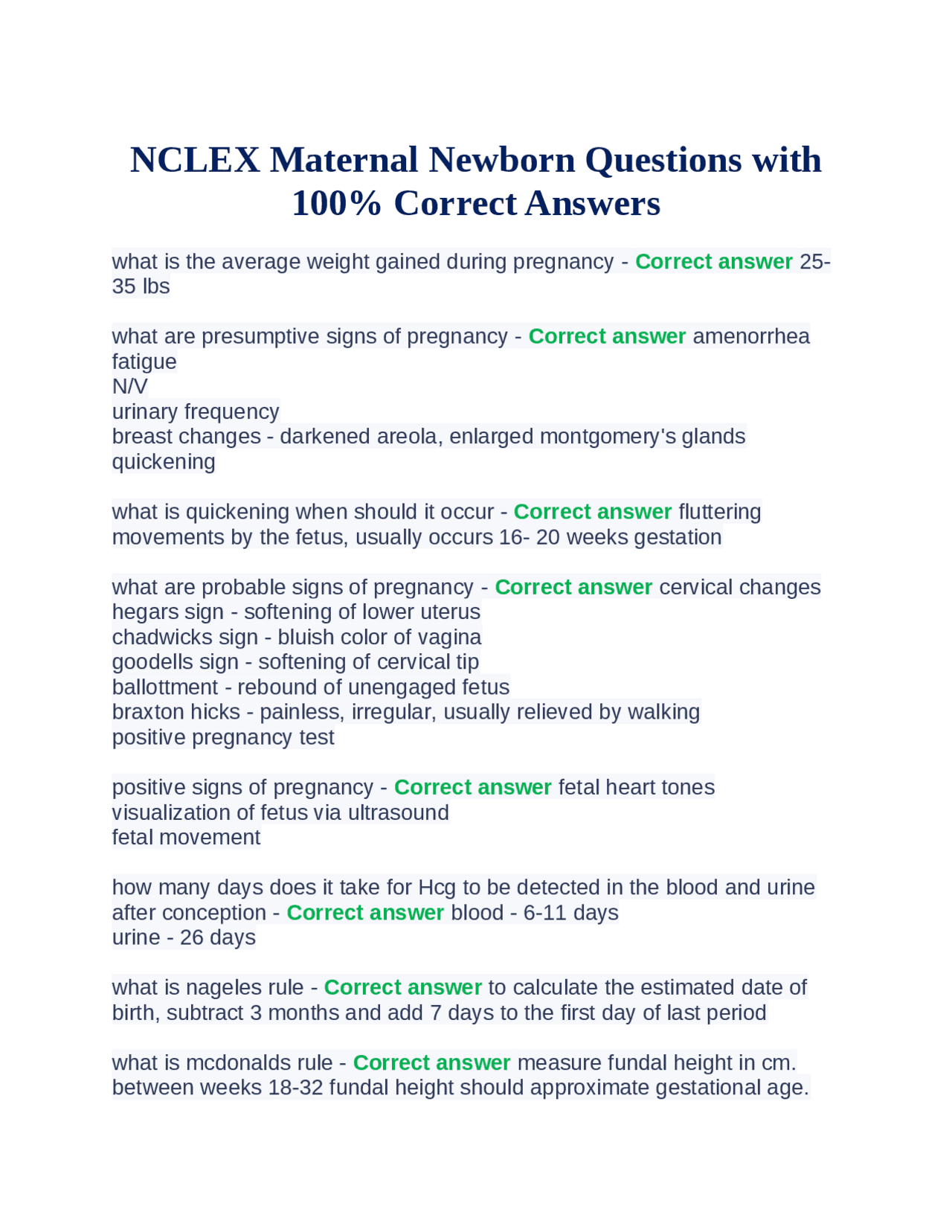 NCLEX Maternal Newborn Questions with 100 Correct Answers Exams