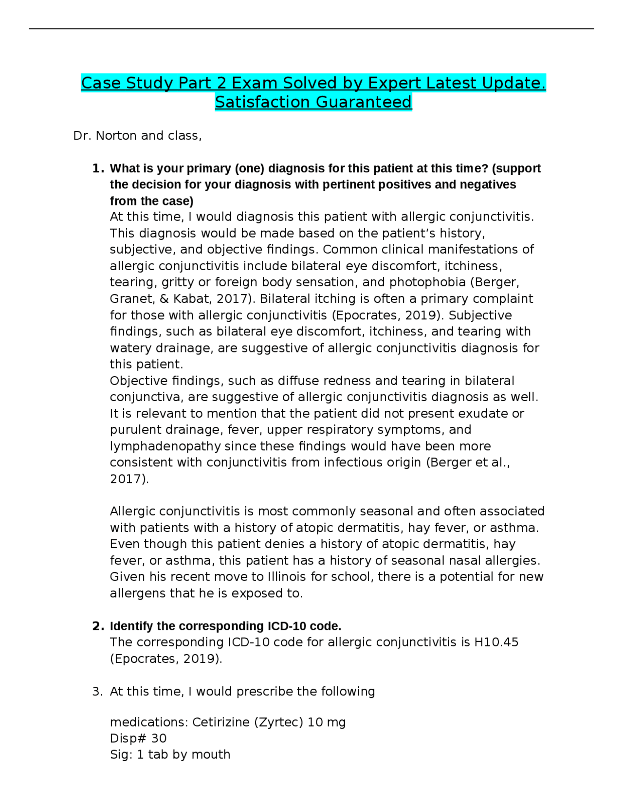 Case Study Part 2 Exam Solved by Expert Latest Update. Satisfaction ...