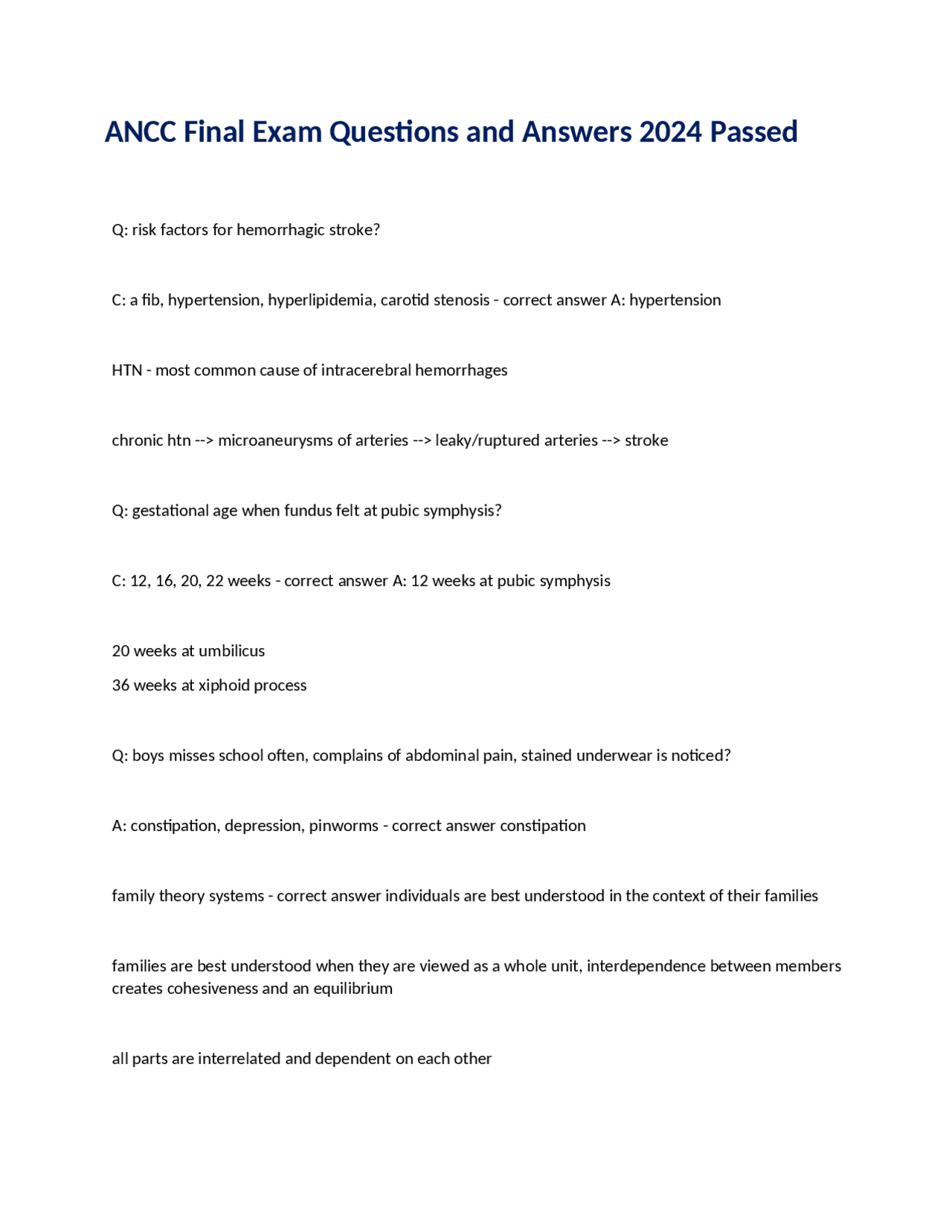 ANCC Final Exam Questions and Answers 2024 Passed | Exams Nursing | Docsity