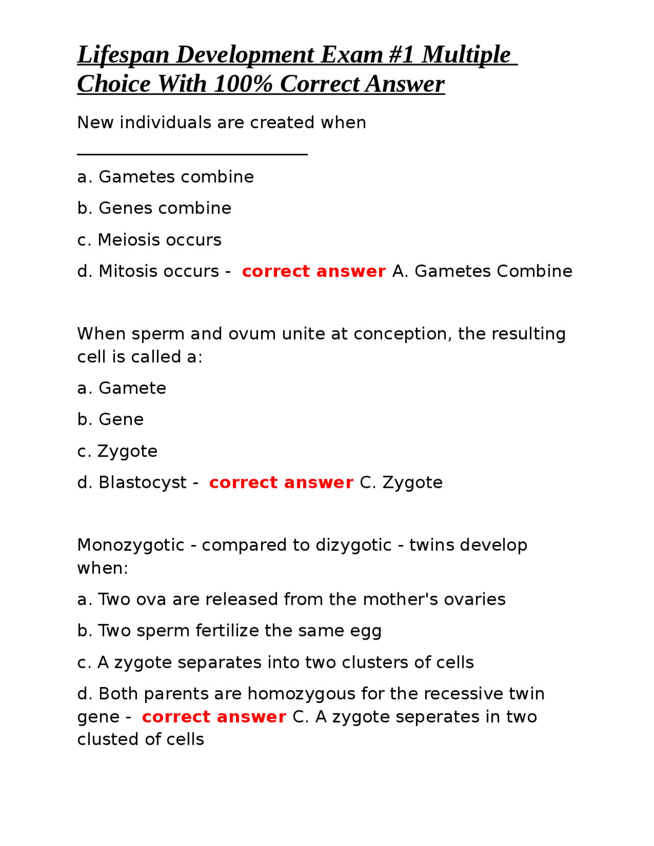 Lifespan Development Exam 1 Multiple Choice With 100 Correct Answer