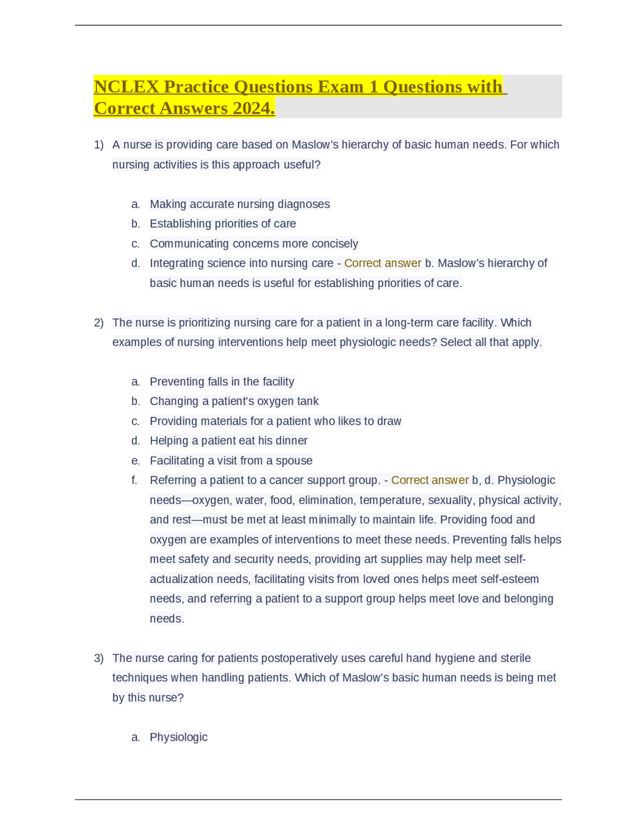 NCLEX Practice Questions Exam 1 Questions with Correct Answers 2024