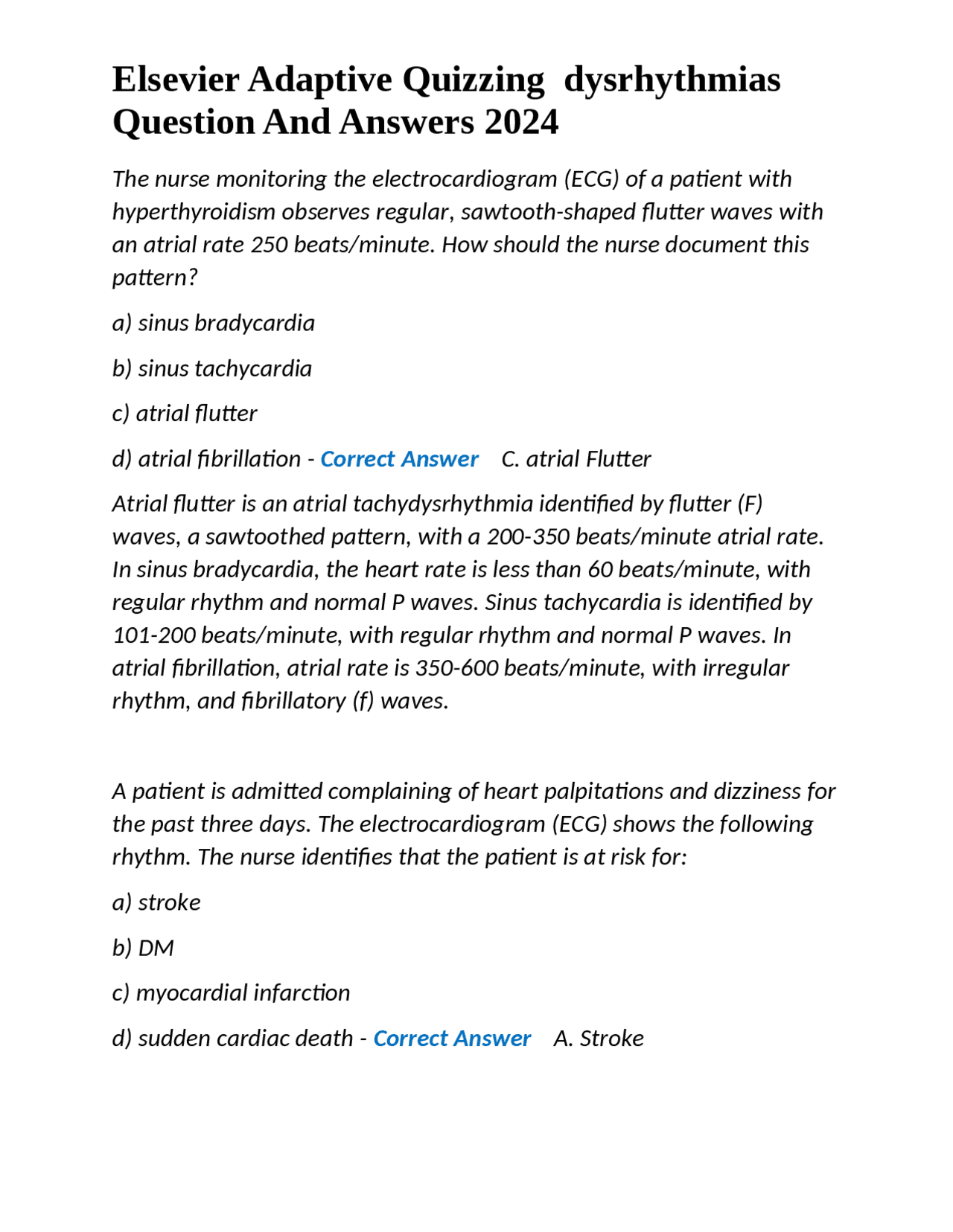 Elsevier Adaptive Quizzing dysrhythmias Question And Answers 2024