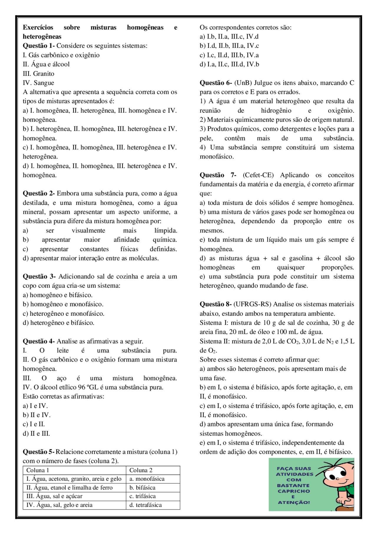 Exerccios Sobre Misturas Homogneas E Heterogneas 6 Ano Com Gabarito