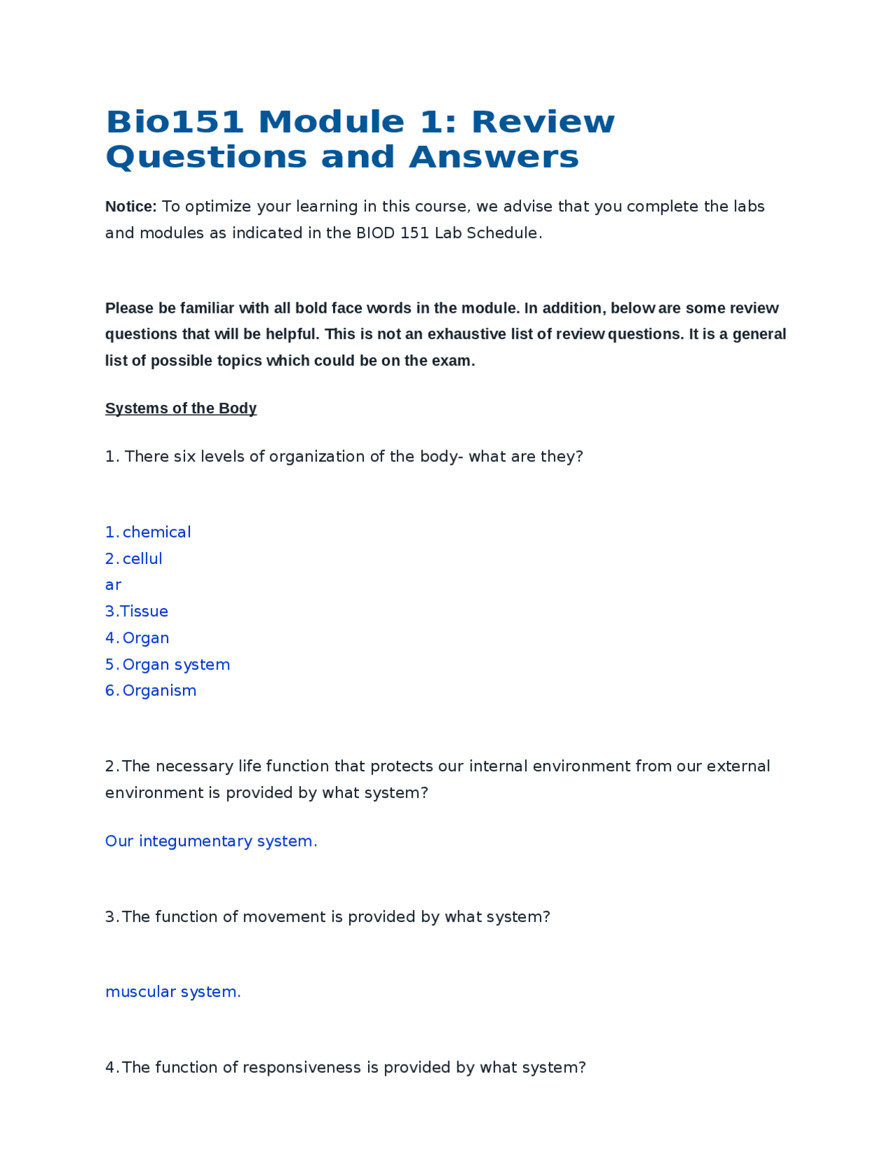 Bio151 Module 1: Review Questions and Answers | Exams Biology | Docsity