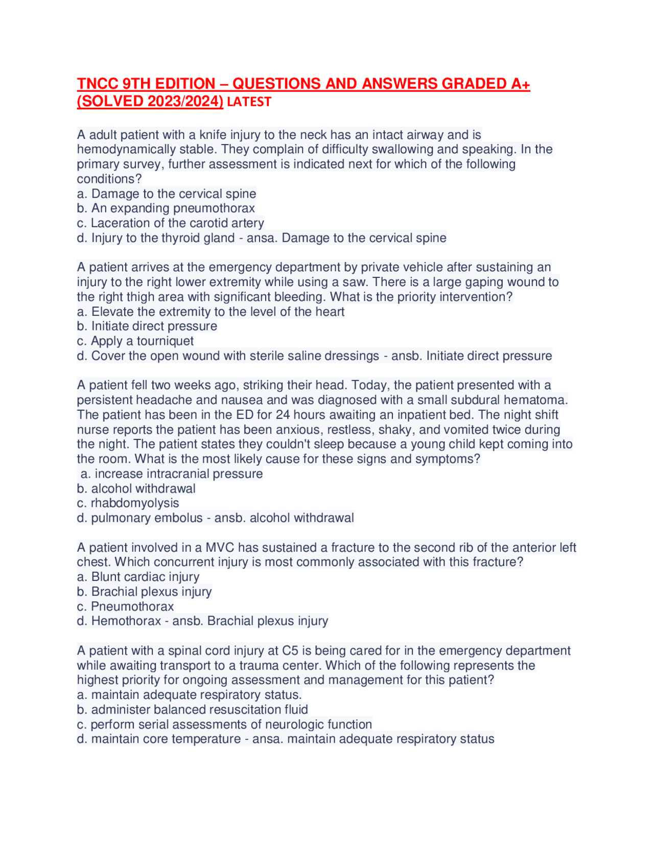 TNCC 9TH EDITION QUESTIONS AND ANSWERS GRADED A+ (SOLVED 20232024