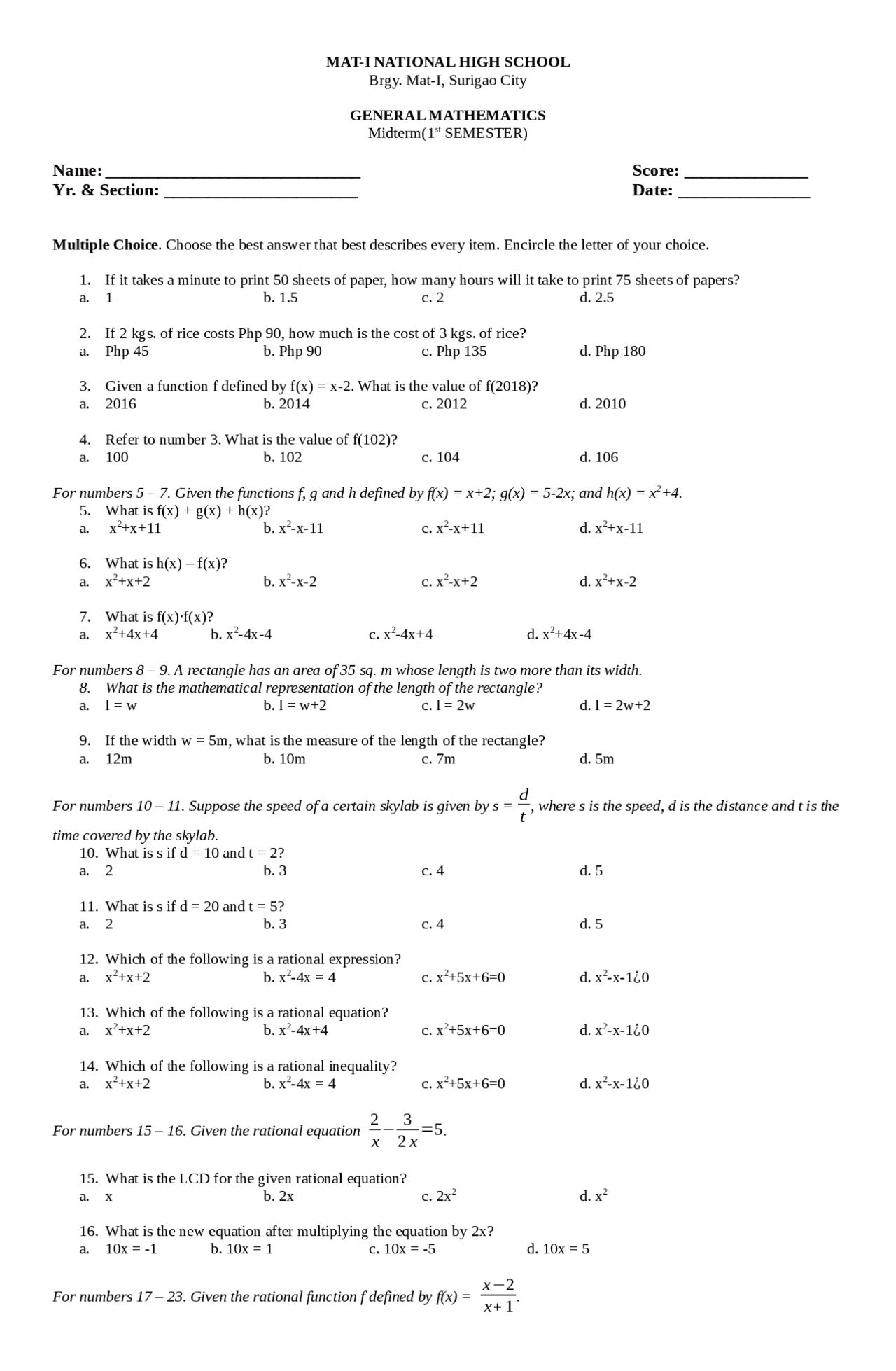 General Math Final Exam Summative Exam for General Mathematics Quarter one focusing on ...