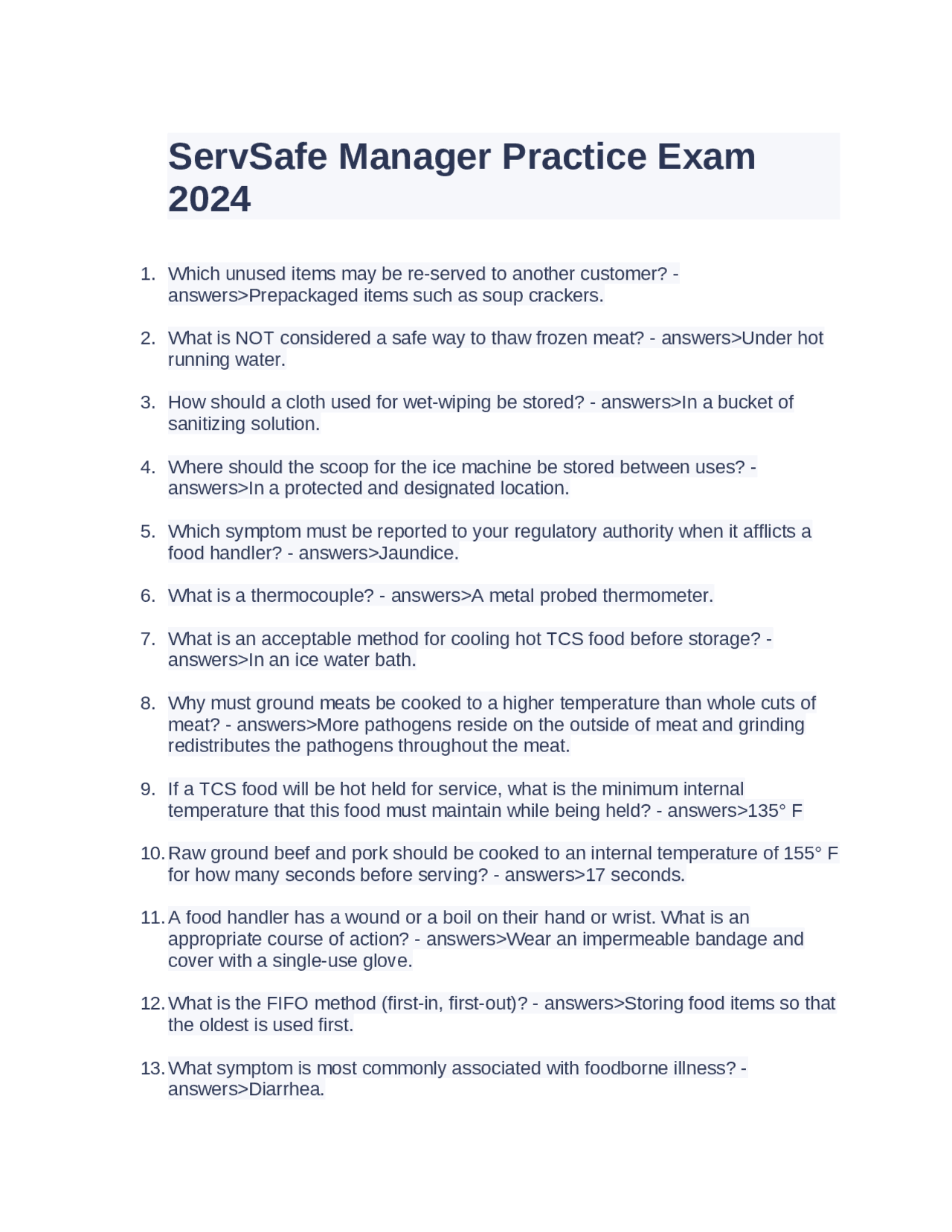 Servsafe Manager Practice Exam 2024 Exams Nursing Docsity Servsafe Manager Practice Exam 2024 Exams Nursing Docsity