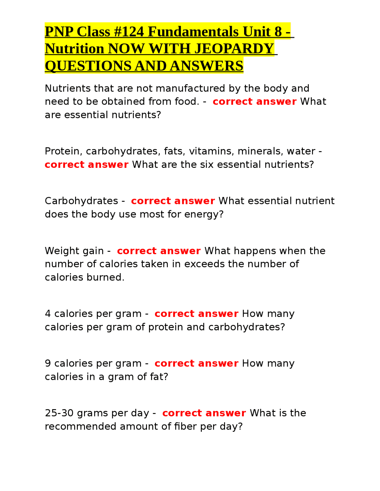 PNP Class 124 Fundamentals Unit 8 Nutrition NOW WITH JEOPARDY
