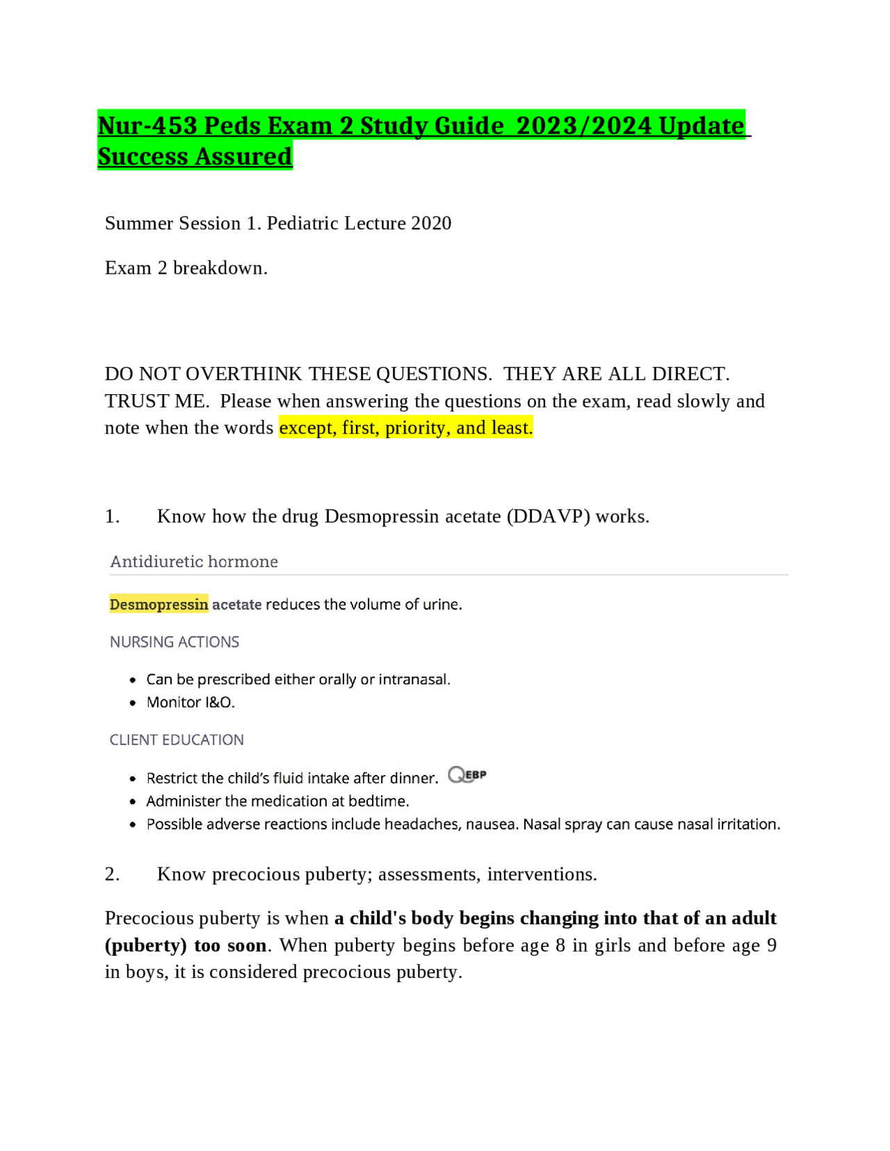 Nur-453 Peds Exam 2 Study Guide 2023/2024 Update Success Assured ...