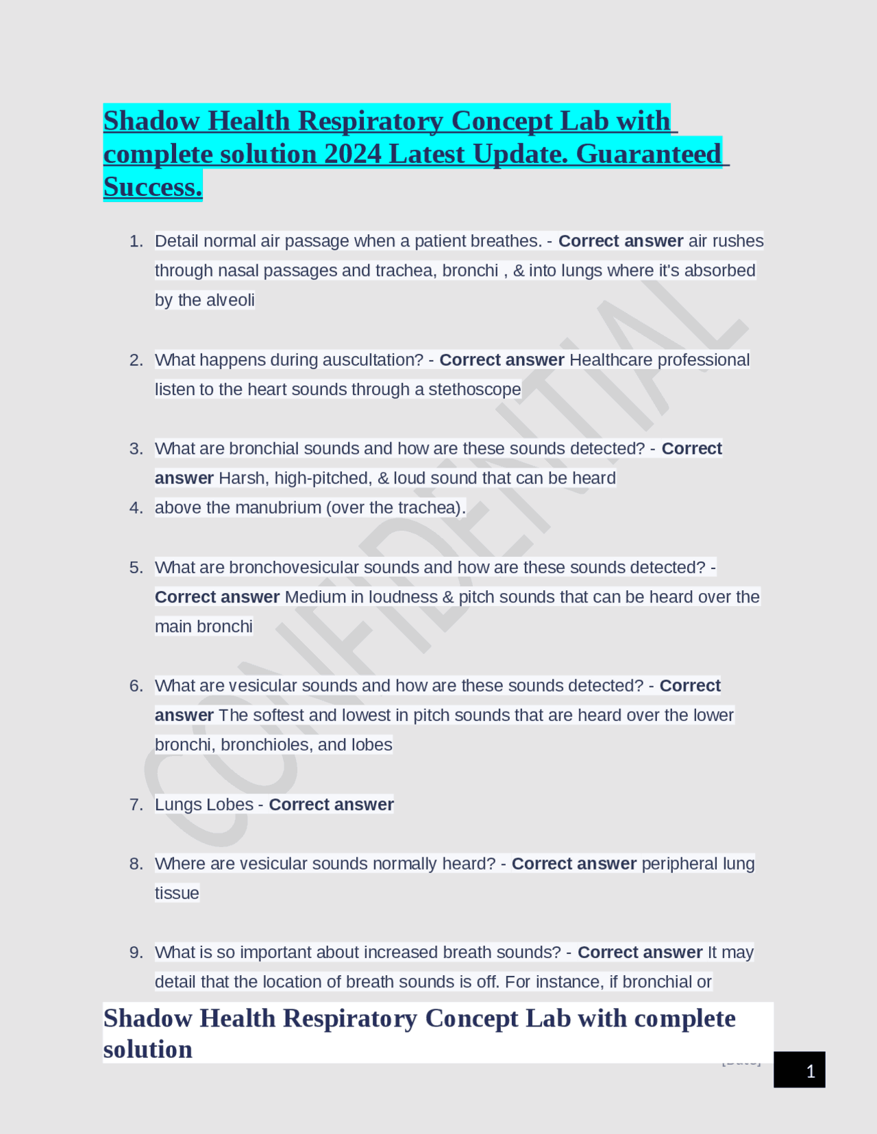 Shadow Health Respiratory Concept Lab with complete solution 2024