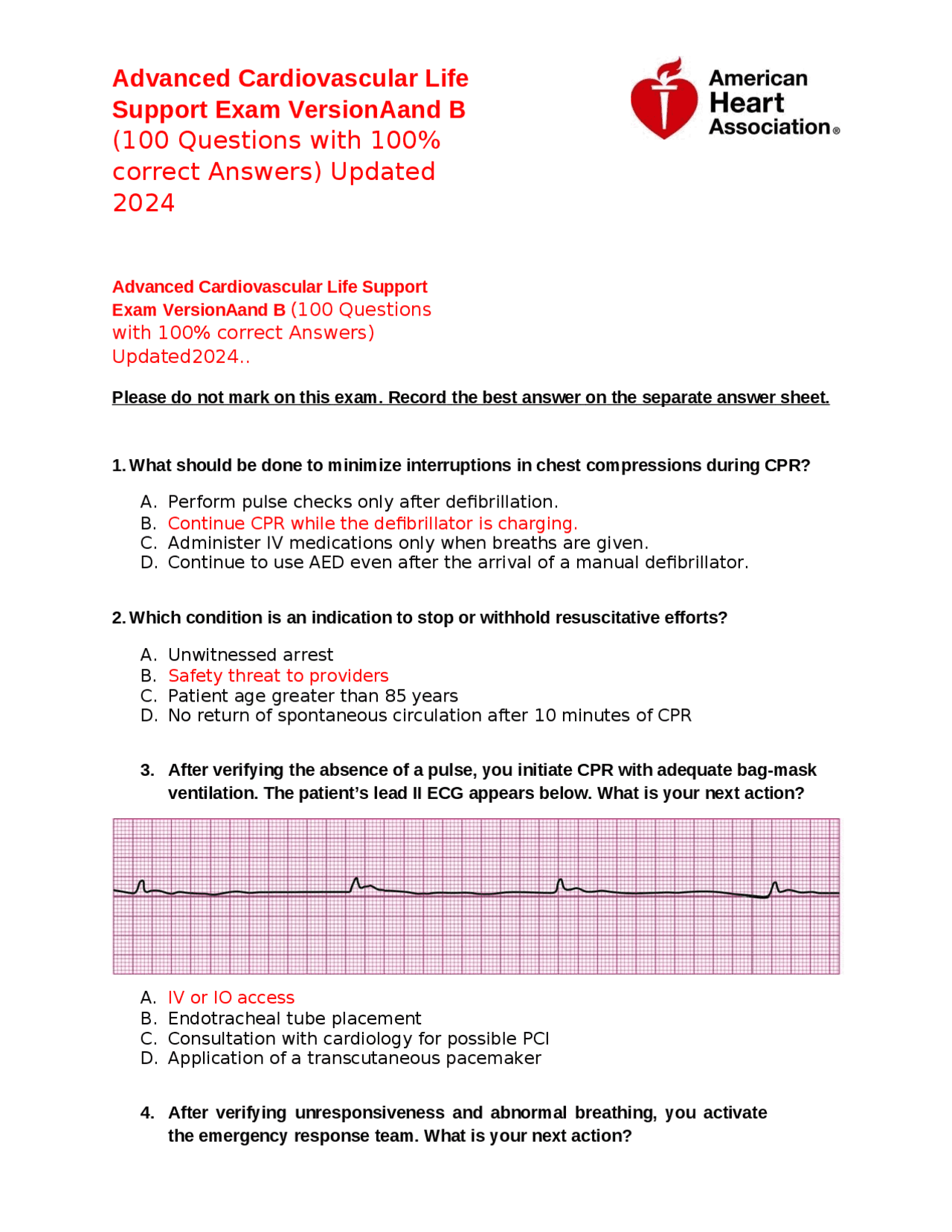 Advanced Cardiovascular Life Support Exam VersionAand B (100 Questions
