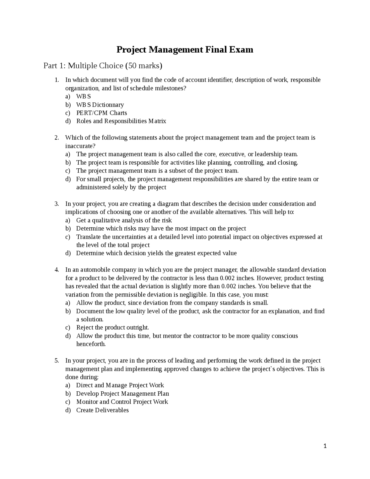 Project Management Exam Questions and Answers | Lecture notes ...