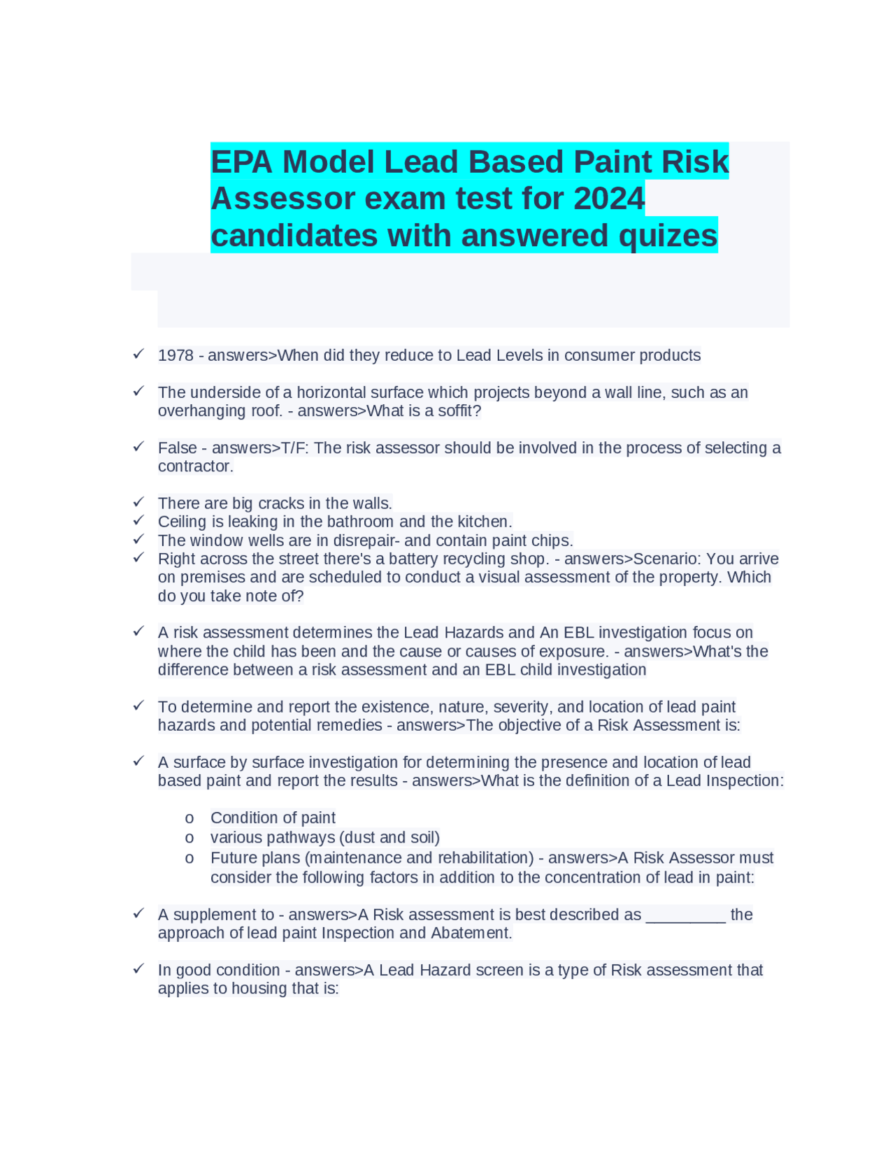 EPA Model Lead Based Paint Risk Assessor exam test for 2024 candidates