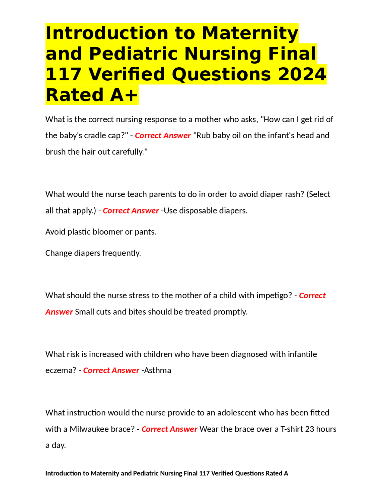 Introduction to Maternity and Pediatric Nursing Final Exams Nursing