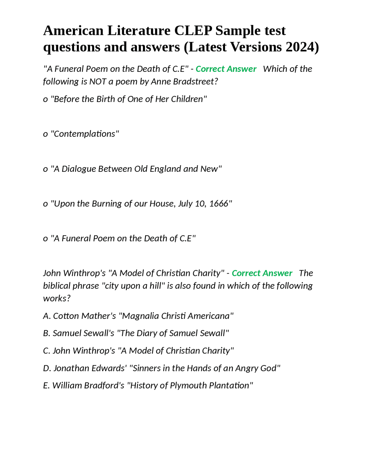 American Literature CLEP Sample Test Questions and Answers | Exams ...