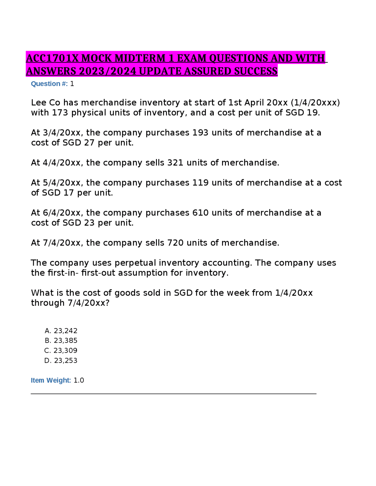 ACC1701X MOCK MIDTERM 1 EXAM QUESTIONS AND WITH ANSWERS 2023/2024 ...