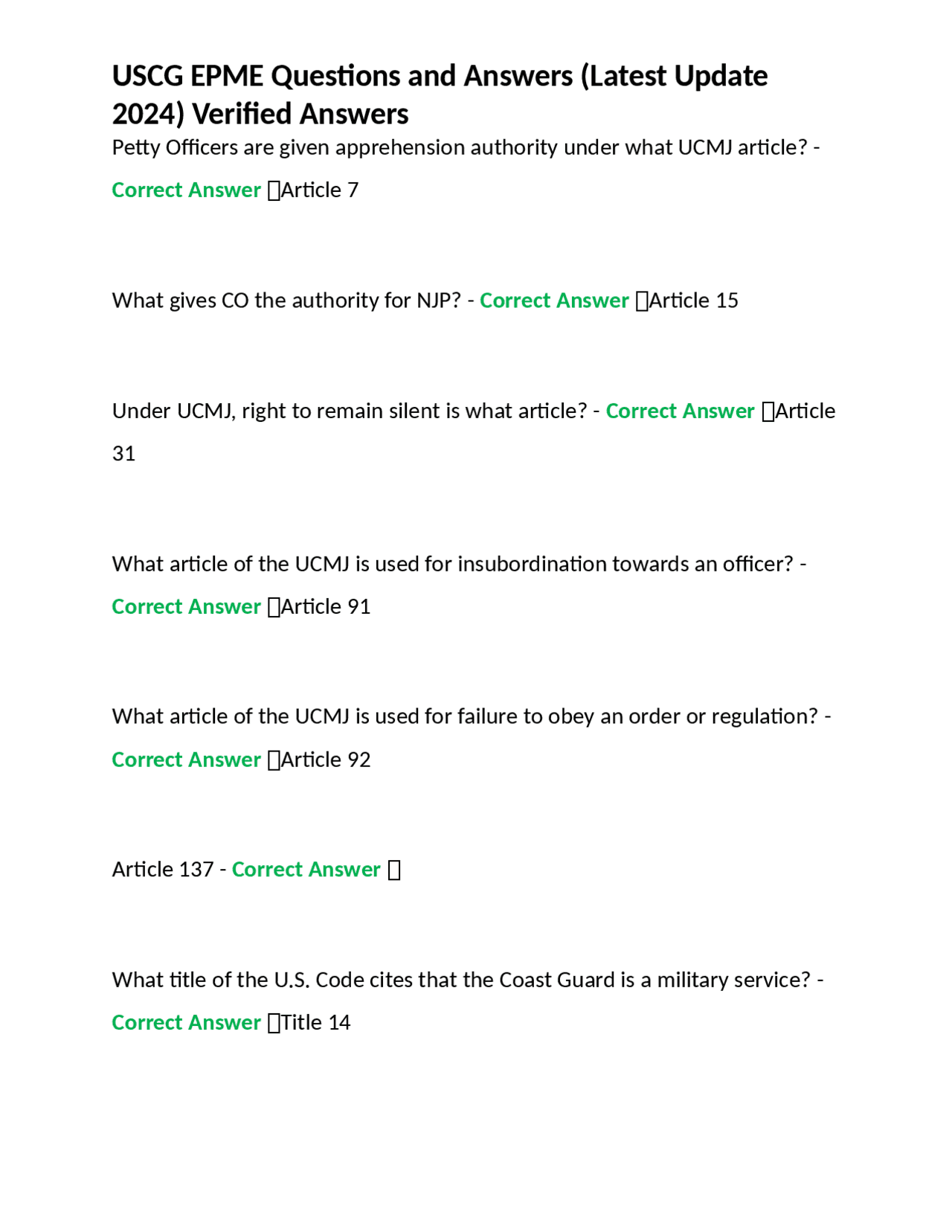 USCG EPME Questions and Answers (Latest Update 2024) Verified Answers
