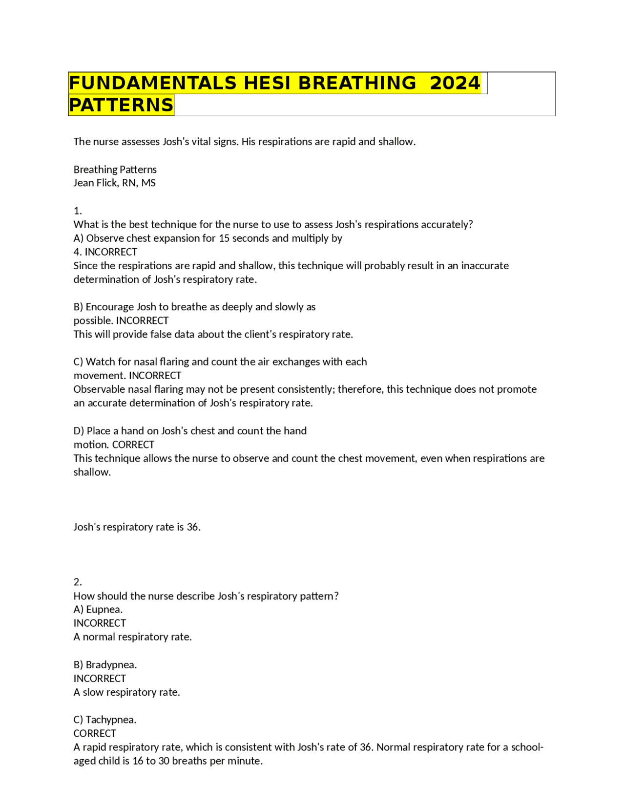 FUNDAMENTALS HESI BREATHING 2024 PATTERNS Study notes Nursing Docsity