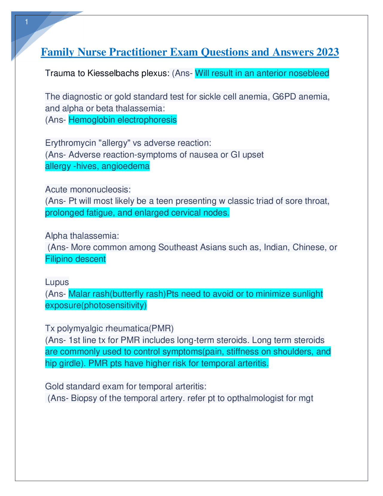 Family Nurse Practitioner Exam Questions and Answers 2023 Exams Nursing Docsity