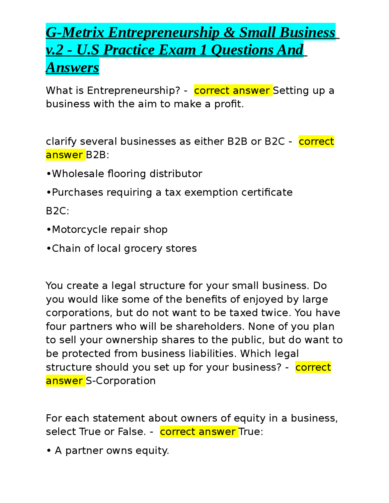 G-Metrix Entrepreneurship &amp; Small Business v.2 - U.S Practice Exam 