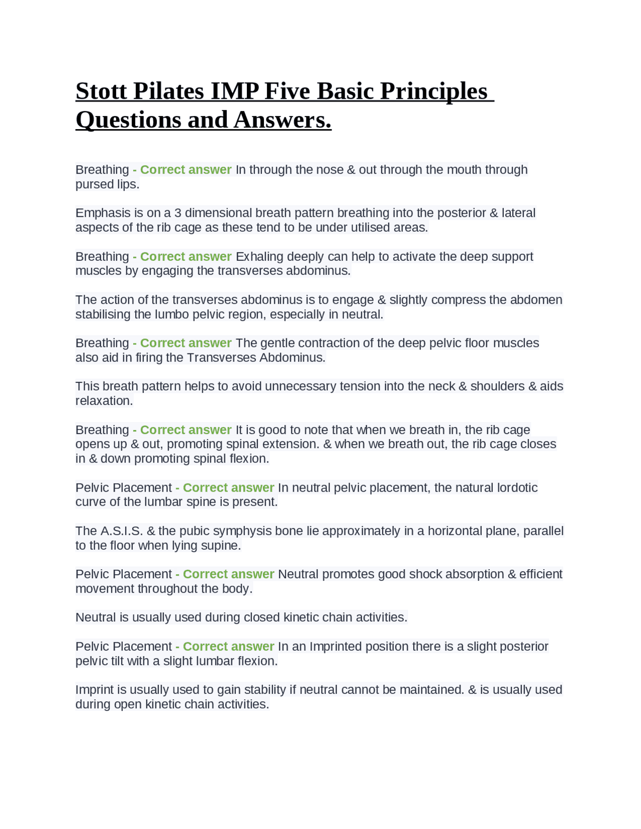Stott Pilates IMP Five Basic Principles Questions and Answers. Exams